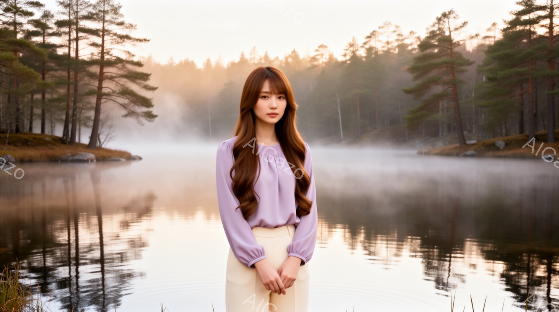 長い茶色の髪を無造作に垂らした若い女性が、薄紫色のブラウスとクリーム色のパンツを着用して立っている。彼女は両手を前に組み、穏やかな表情で正面を見据えている。背景には霧が立ち込める湖と、その向こうに広が - AI生成フリー素材