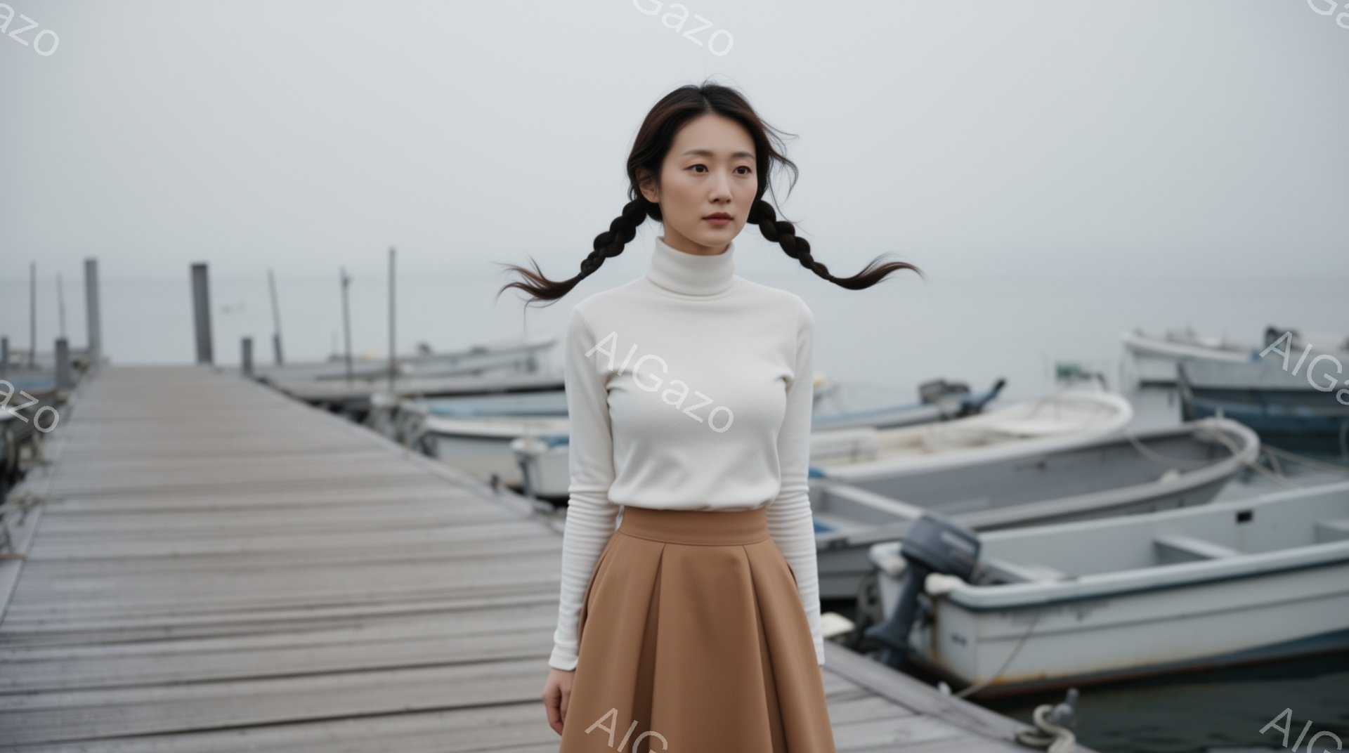 長い髪を二つに分けて後ろで結んだ女性が、桟橋の上に立っている。白のタートルネックセーターにキャメル色のフレアスカートを合わせ、穏やかな表情で正面を見ている。背景には、海に浮かぶ多数の小舟と、どんよりとした曇り空が広がり、全体的に静かで落ち着いた雰囲気を醸し出している。