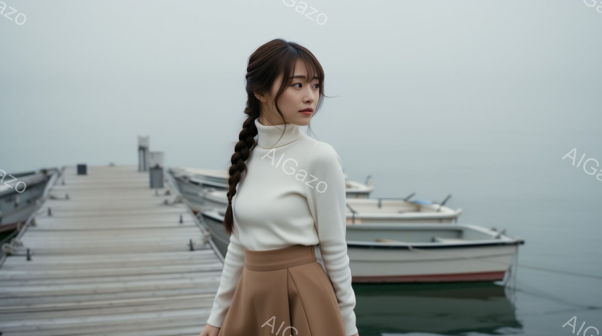 長い三つ編み髪で、ベージュのスカートと白いセーターを着た女性が描かれている。彼女は少し横を向き、物憂げな表情で遠くを見つめている。背景には、霧のかかった海と停泊している小さなボートが並び、全体的に静かで穏やかな雰囲気が漂っている。