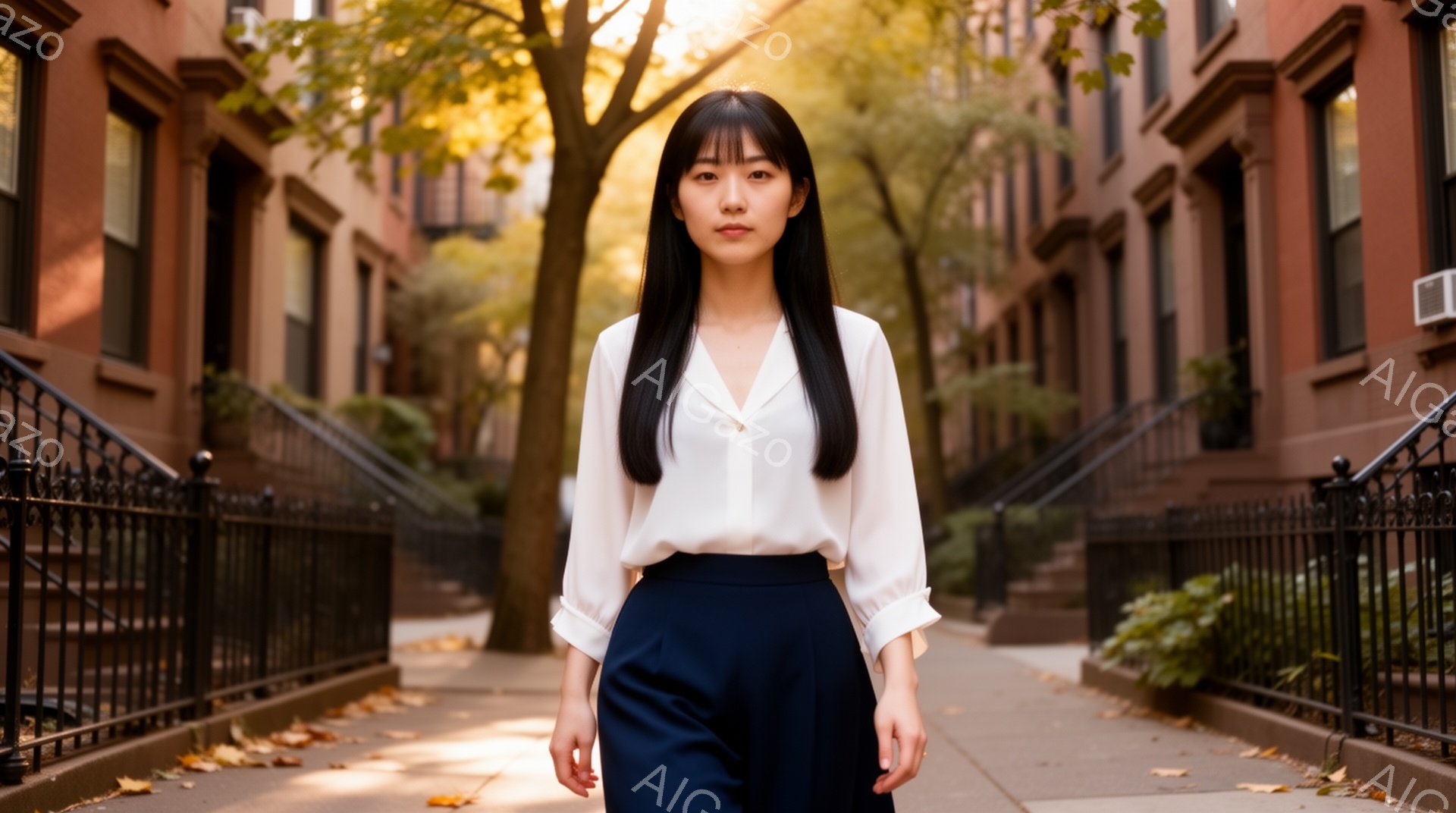 長い黒髪の女性が、白いブラウスと濃い青色のスカートを着て、歩道をまっすぐ歩いている。彼女は正面を見据え、落ち着いた表情をしている。背景には、レンガ造りの建物が並び、落ち葉が散らばる歩道と、木々の間から差し込む暖かい日差しが、穏やかで優雅な雰囲気を醸し出している。
