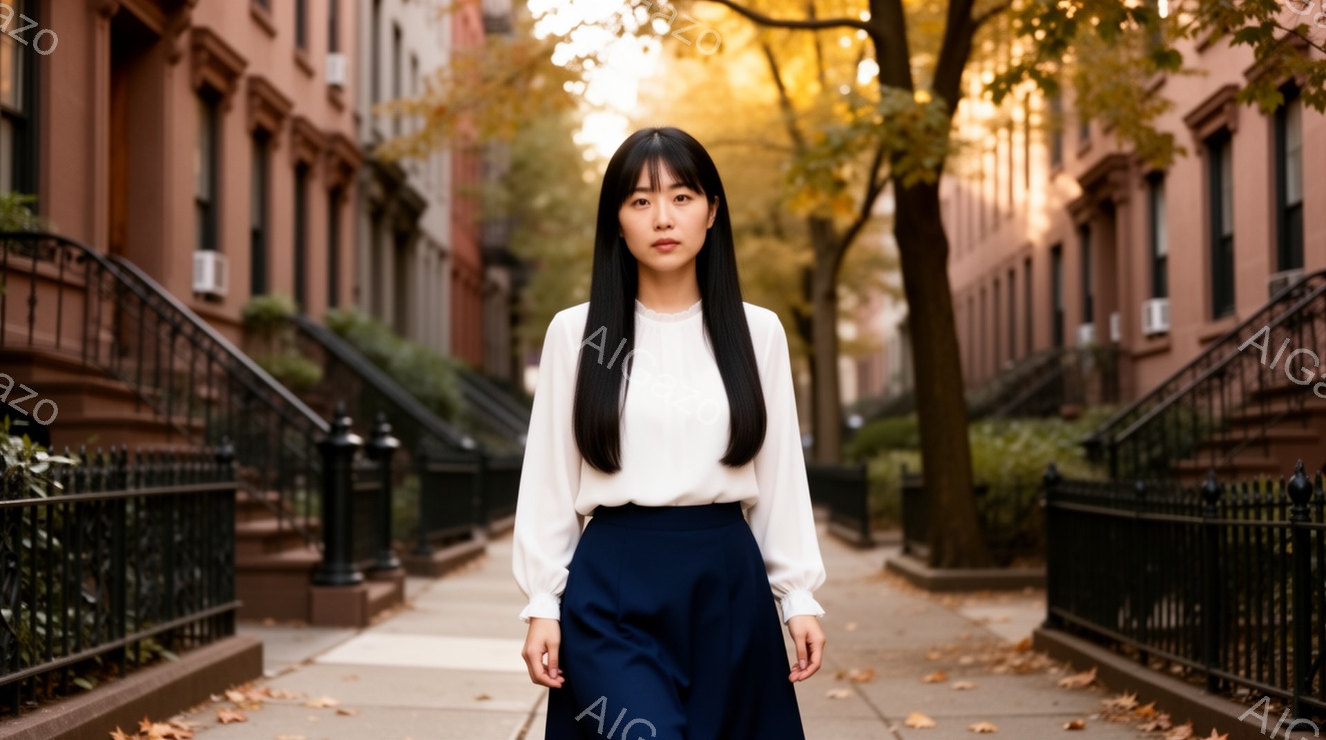 長い黒髪をなびかせた女性が、白のブラウスと紺色のスカートを着て、石畳の道で正面を見据えています。背景には、レンガ造りの並んだ家々と、秋らしい黄色の葉をつけた木々が見え、穏やかで洗練された雰囲気が漂っています。彼女は落ち着いた表情で、堂々とした姿勢で立っており、都会の風景に調和しています。