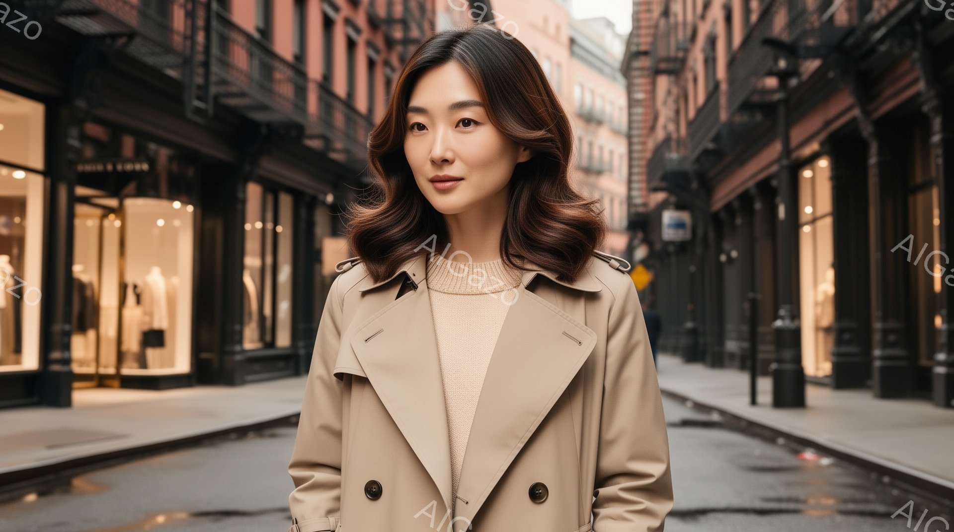 長い茶色の髪を優雅に巻いた女性が、ベージュ色のトレンチコートとクリーム色のセーターを着て立っている。彼女は正面をまっすぐ見ており、穏やかで自信に満ちた表情をしている。背景にはレンガ造りの建物が並び、石畳の道とわずかに濡れた路面が広がっており、都会的で洗練された雰囲気を醸し出している。