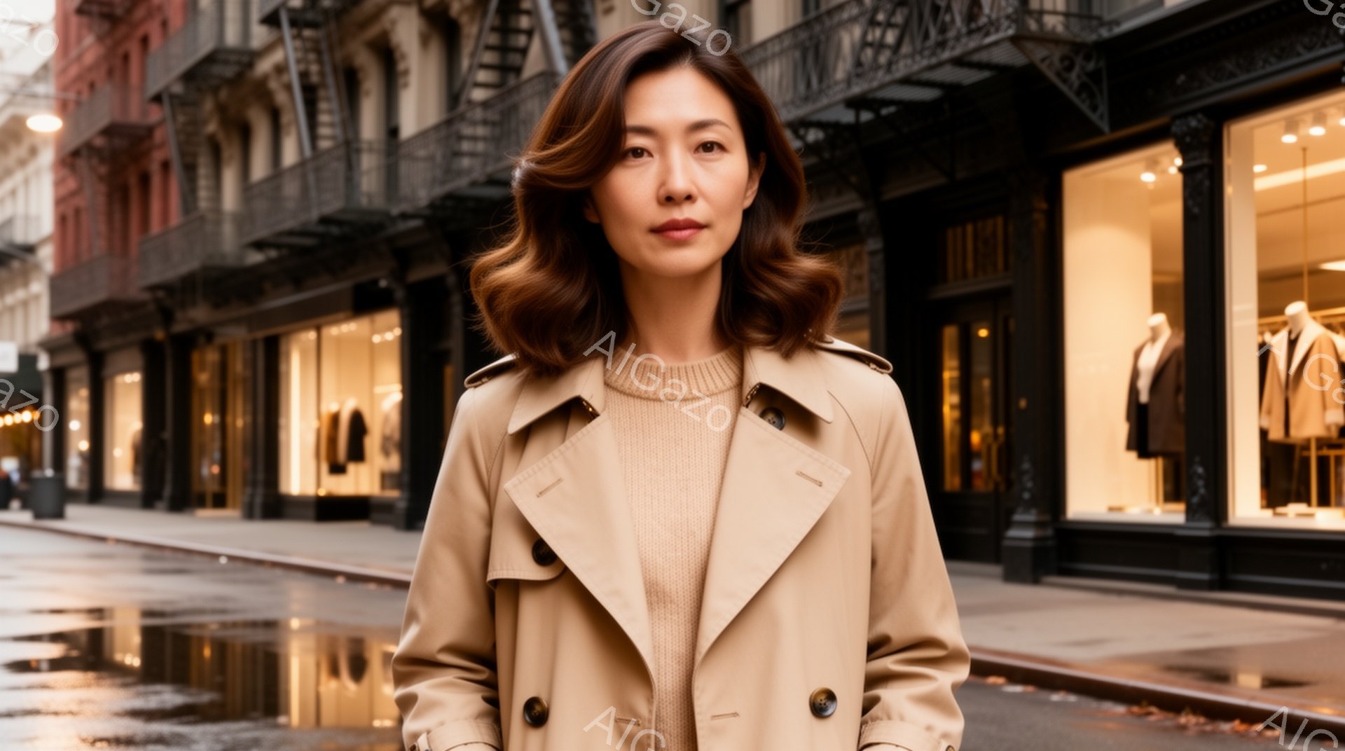 ベージュ色のトレンチコートを羽織った女性が、街の路上に立っている。彼女は優しい表情でカメラを見つめ、ゆるやかなウェーブのかかった髪が肩にかかっている。背景には、ショーウィンドウが並ぶ建物が立ち並び、濡れた路面が雨上がりの雰囲気を醸し出している。