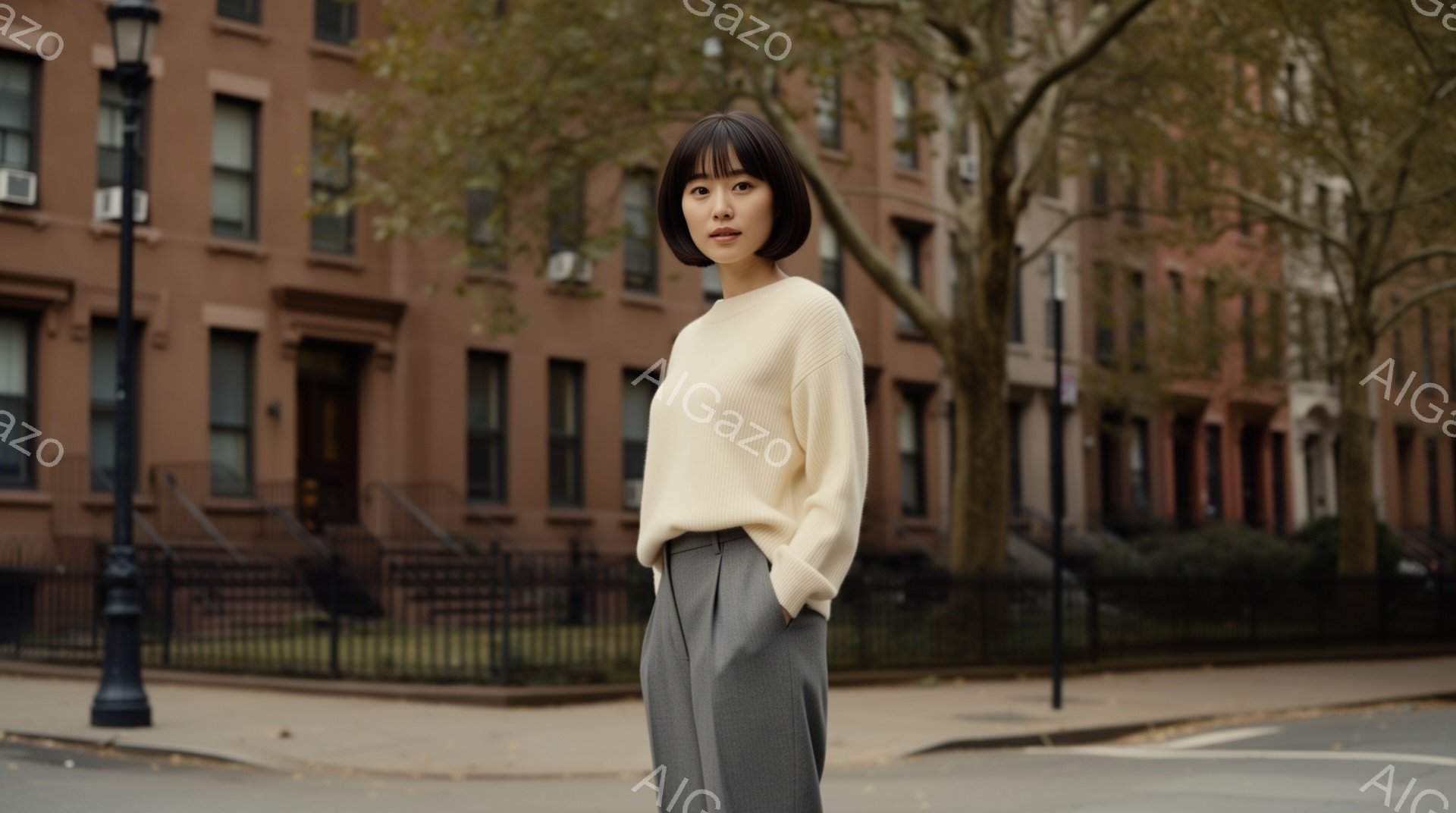 浅いベージュのセーターとグレーのパンツを身に着けた女性が、ニューヨークの住宅街の路上に立っている。彼女は肩を少し落とし、リラックスした姿勢で、正面をまっすぐ見つめている。背景には、均一なレンガ造りの建物が並び、少し曇った空が穏やかな雰囲気を醸し出している。
