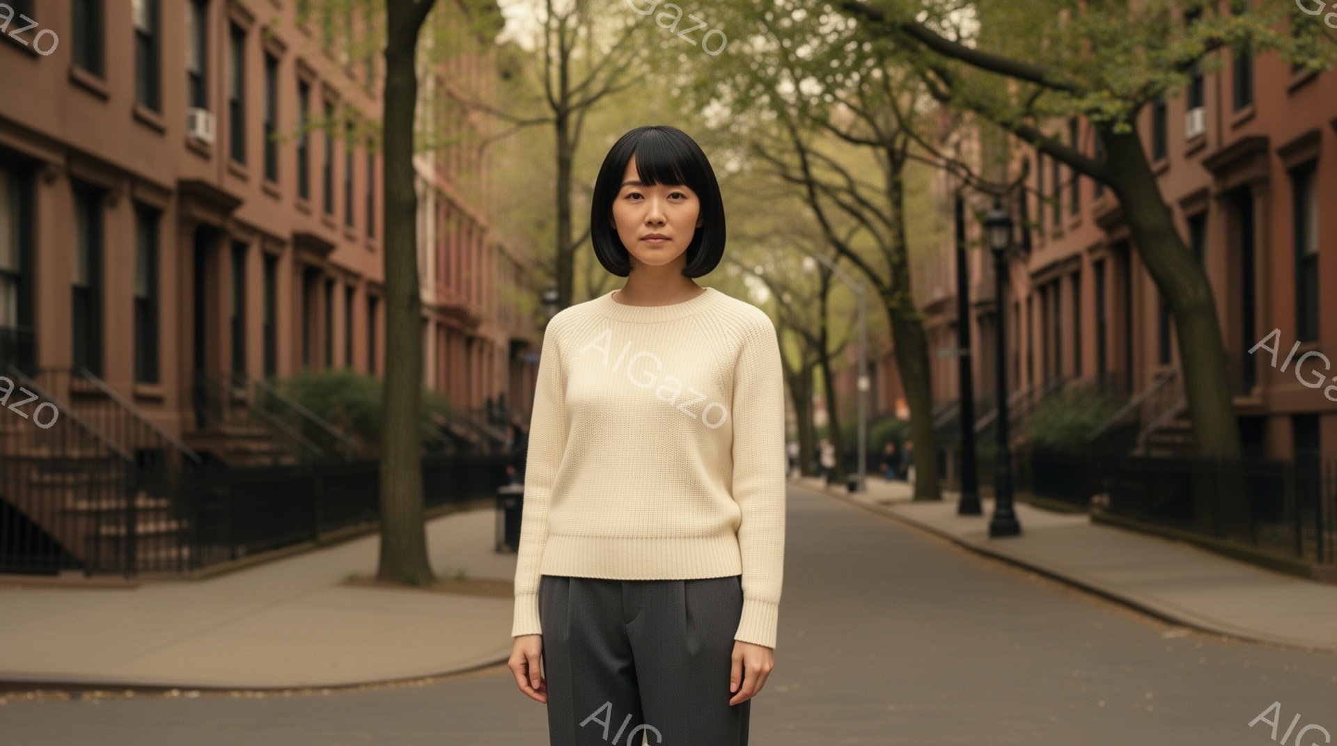 道路の中央に立つ女性は、クリーム色のニットセーターとダークグレーのパンツを着用しています。彼女は黒髪のボブヘアで、表情は穏やかで落ち着いています。背景には、並んだレンガ造りの建物と緑豊かな木々が広がり、晴れた日の穏やかな街並みを表現しています。