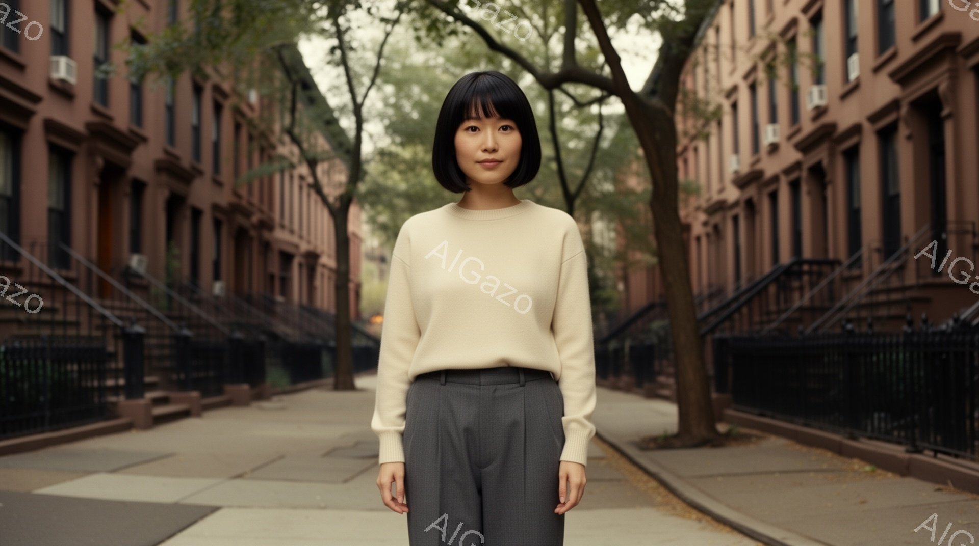 街並みを背景に、ベージュのセーターとグレーのパンツを身につけた女性が立っている。彼女は黒髪のショートヘアで、表情は穏やかで落ち着いている。背景には、レンガ造りの建物が並び、木々が並木道を彩り、全体的に静かで洗練された雰囲気を醸し出している。