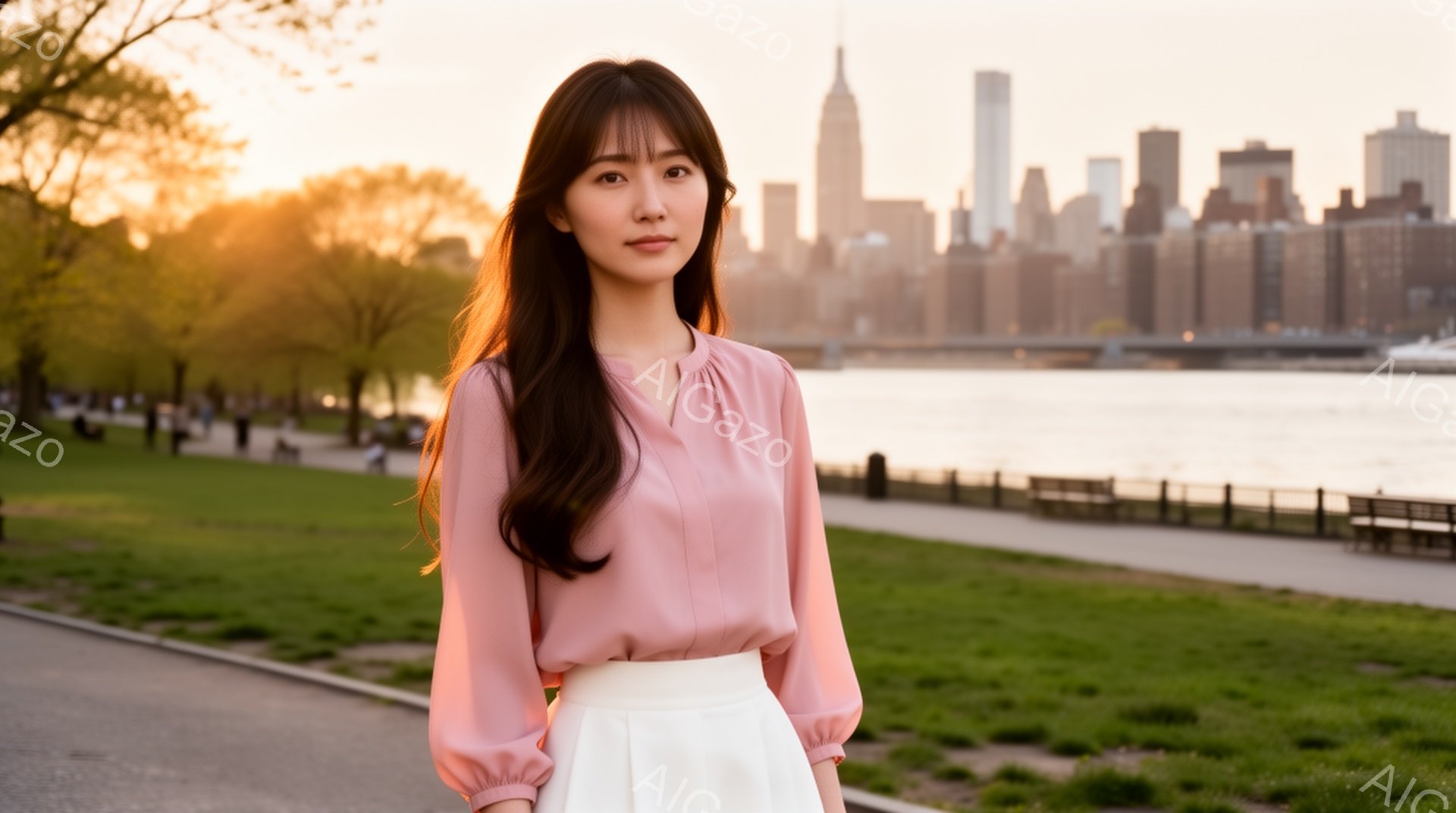 長い黒髪の女性が、淡いピンク色のブラウスと白いスカートを着て立っている。彼女は穏やかな表情で、少し微笑んでいるように見える。背景には、夕焼けに照らされたニューヨークのスカイラインと緑豊かな公園が広がっ - AI生成フリー素材