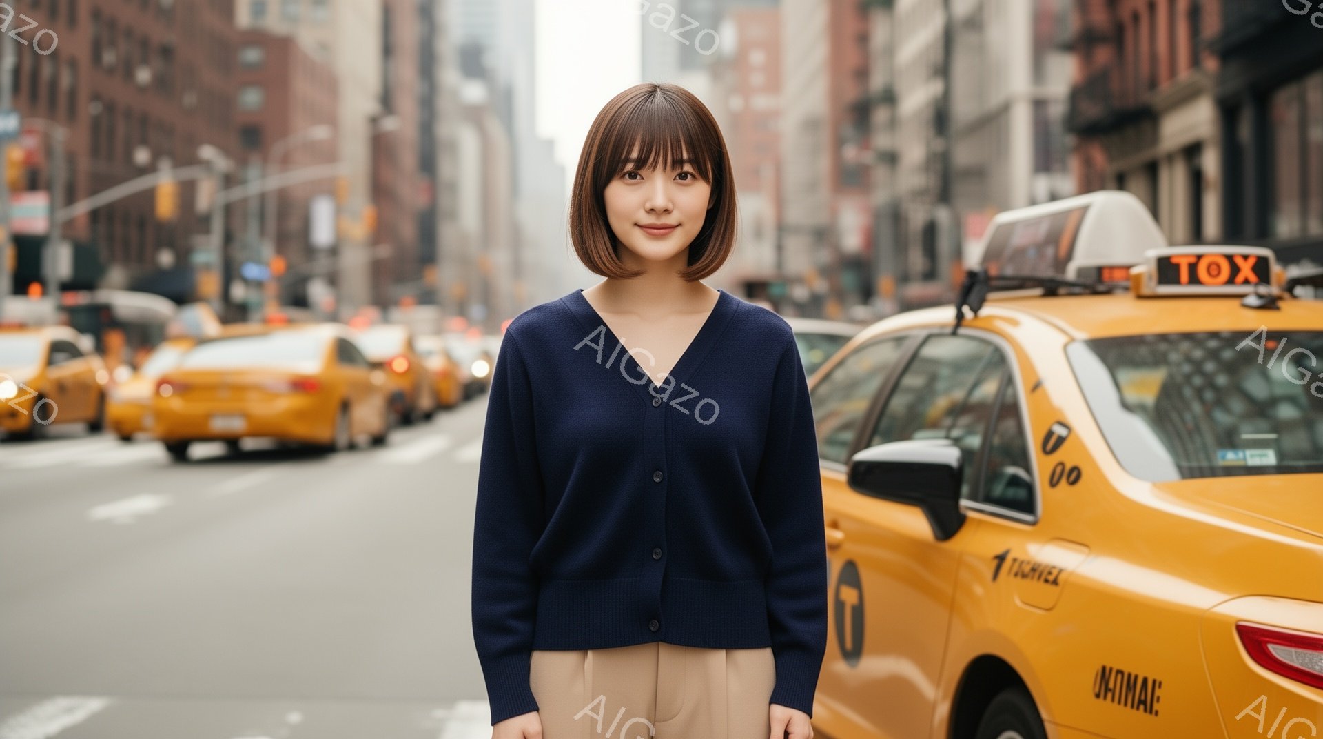 画像には、紺色のカーディガンを羽織り、ベージュ色のパンツを履いた若い女性が写っています。彼女は前髪を下ろしたショートヘアで、穏やかな表情で正面を見ています。背景にはニューヨークの街並み、黄色いタクシー、そして少し曇った空が広がっており、都会的で落ち着いた雰囲気を醸し出しています。