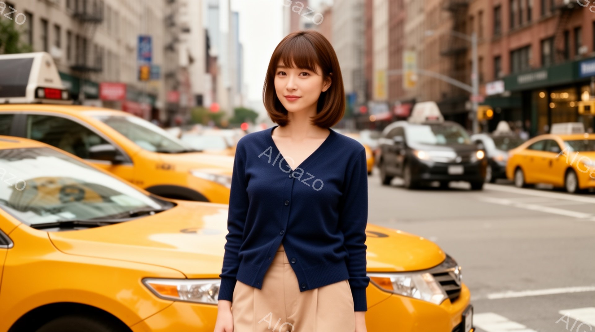 画像には、紺色のカーディガンとベージュのパンツを着用した女性が写っています。彼女はストレートで少しカールした茶色の髪を持ち、穏やかな笑顔を浮かべています。背景にはニューヨークの街並み、黄色いタクシー、そして曇り空が広がっています。