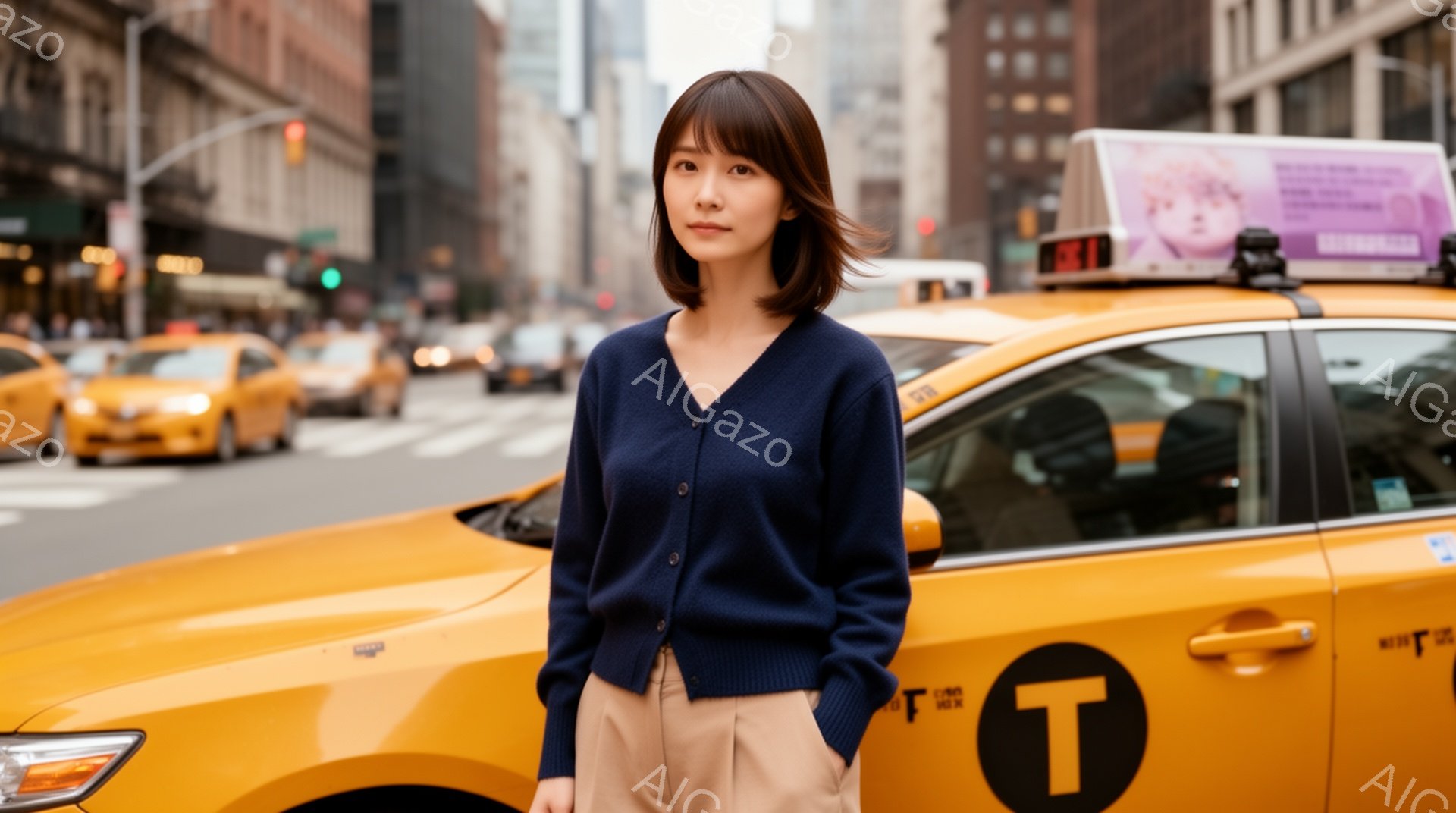 若い女性が紺色のカーディガンとベージュのパンツを着用し、ニューヨークの路上に立っている。彼女は少し微笑んでおり、黒髪は肩にかかる長さで、カジュアルだが上品な印象を与える。背景には黄色いタクシーと高層ビルが並び、晴天で賑やかな都市の雰囲気が漂っている。