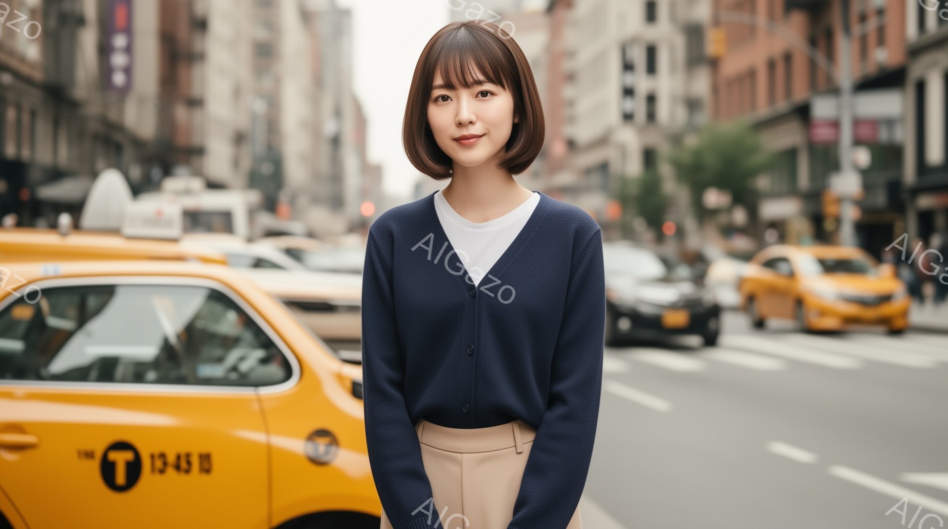この女性は紺色のカーディガンとベージュ色のパンツを着用し、ストレートのダークブラウンのヘアスタイルにしています。彼女は正面をまっすぐ見ており、表情は穏やかで落ち着いています。背景にはニューヨークの通りが広がり、黄色いタクシーが走り、晴れた空と近代的な建物が並んでいます。