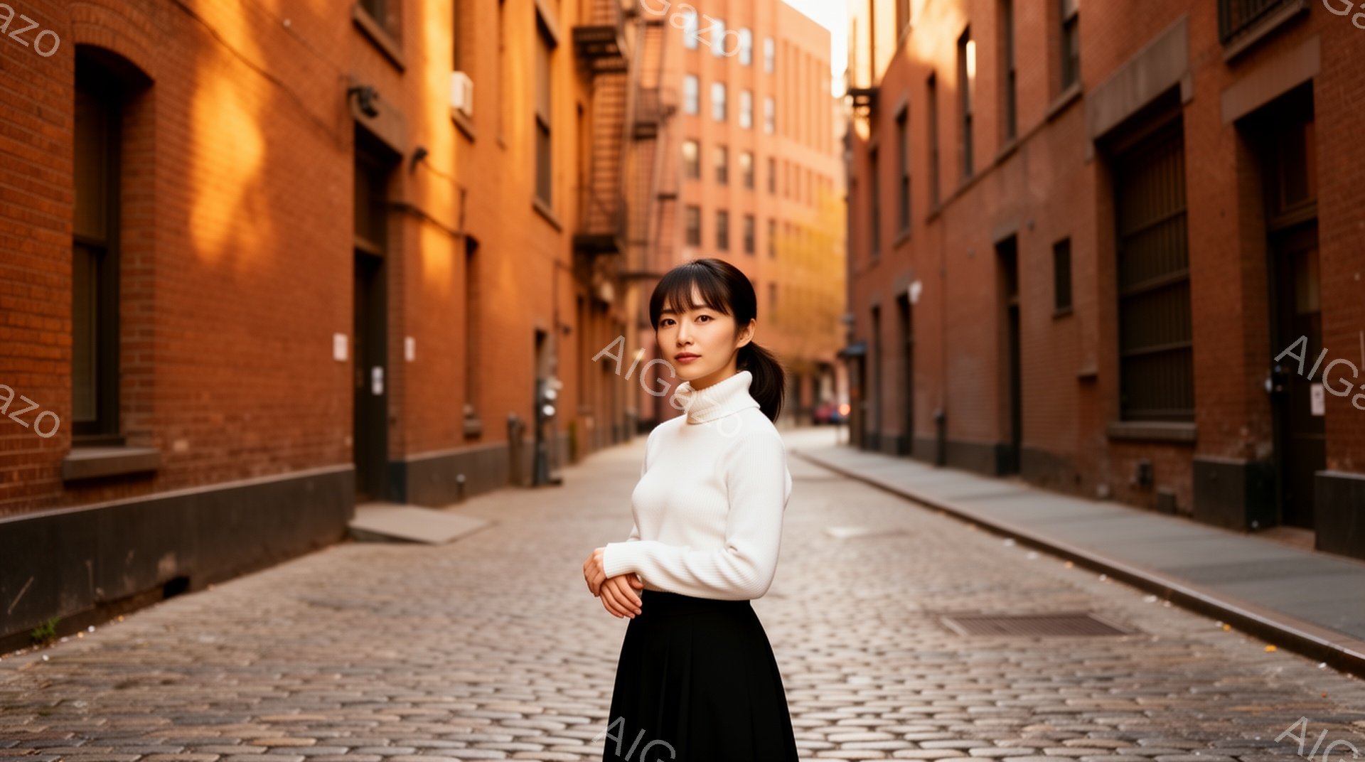 茶色のレンガ造りの路地に、白いセーターと黒いスカートを身につけた女性が立っている。彼女は少し微笑んでおり、片手を腰に当て、リラックスした姿勢でカメラを見ている。背景には、窓が並んだ古い建物が続き、夕暮れ時の暖かく落ち着いた雰囲気を醸し出している。