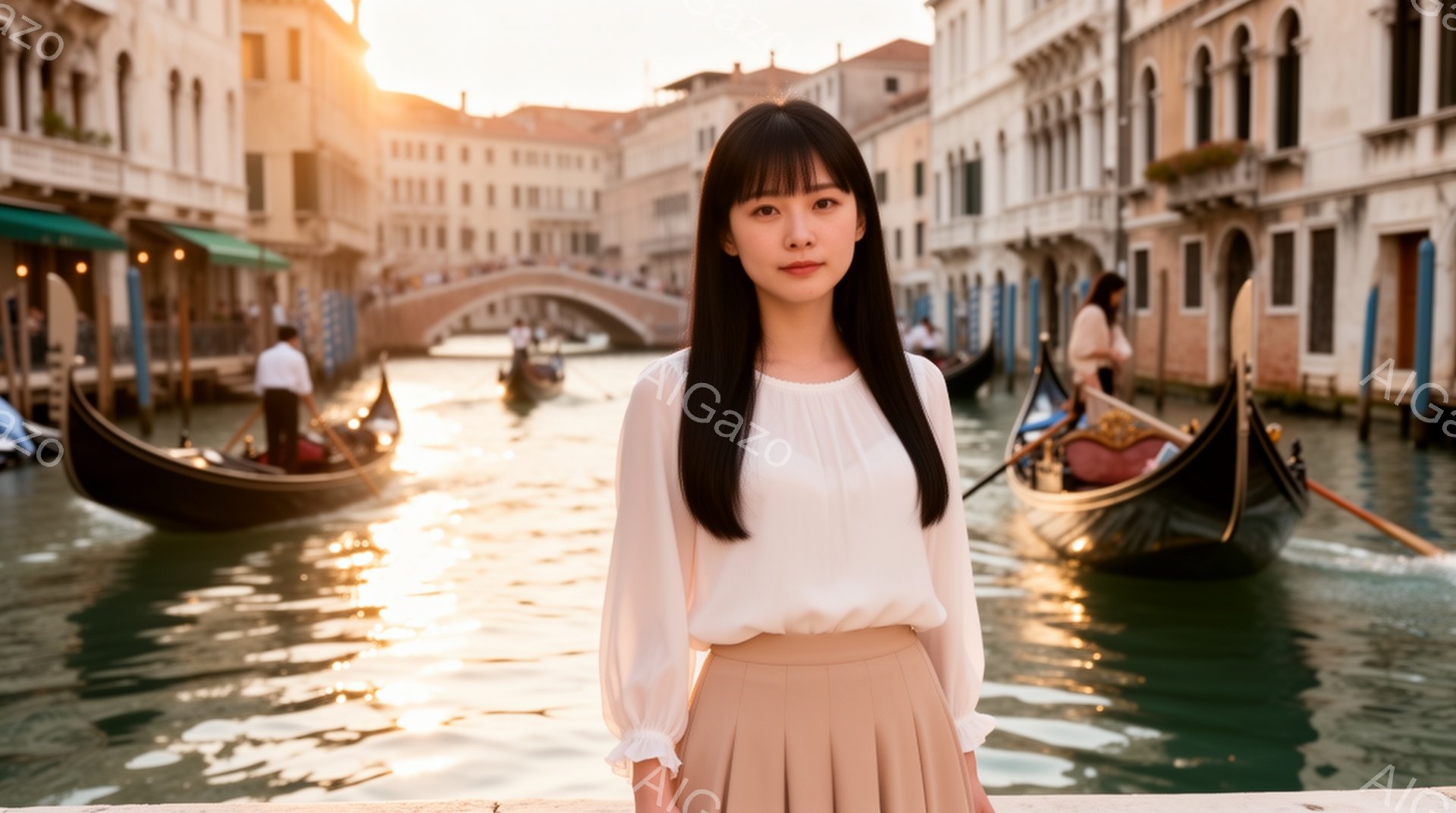 長い黒髪で前髪を作った女性が、ベージュ色のブラウスとスカートを身につけ、穏やかな表情で正面を見つめている。背景には、運河とゴンドラが並び、夕暮れ時のオレンジ色の光が水面に反射している。運河沿いの建物が密集しており、ヴェネツィアの観光地の雰囲気が漂っている。