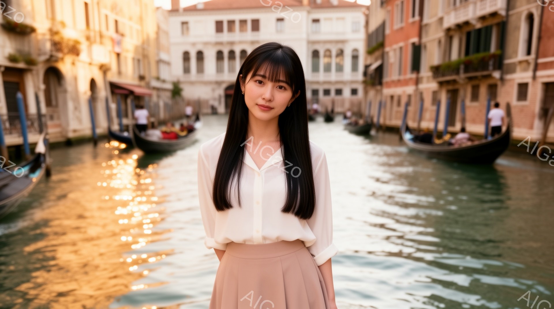 黒髪で前髪を揃えた女性が、白いブラウスとベージュのスカートを身に着けて立っている。彼女は微笑んでおり、落ち着いた表情をしている。背景にはヴェネツィアの運河とゴンドラ、そして両岸の建物が広がっており、水面に反射する光が美しい。