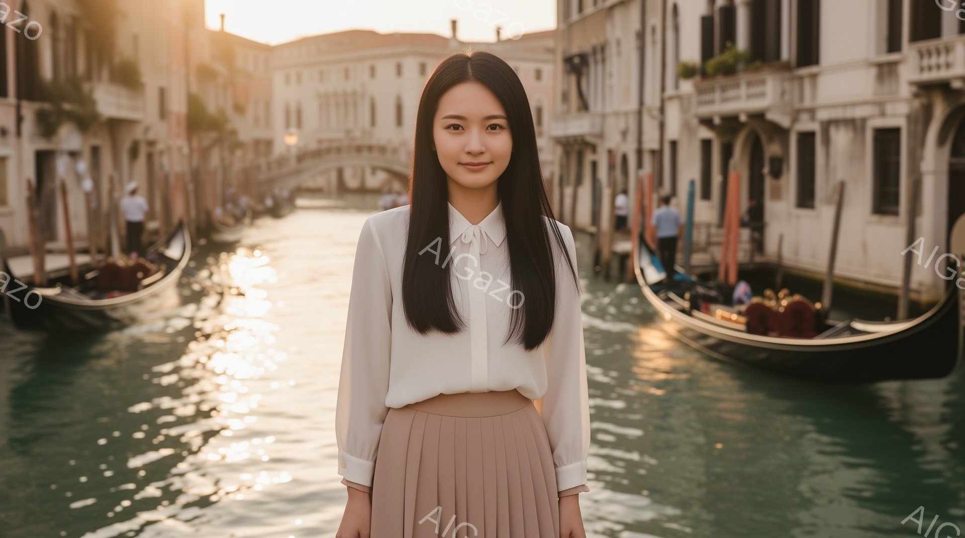 長い黒髪をストレートに下ろした女性が、白いブラウスとベージュのプリーツスカートを身につけて立っている。背景には、運河とゴンドラ、そしてヴェネツィアの建物がぼやけ、夕暮れ時の穏やかでロマンチックな雰囲気を醸し出している。女性は正面を見据え、わずかに微笑んでおり、落ち着いた印象を与えている。