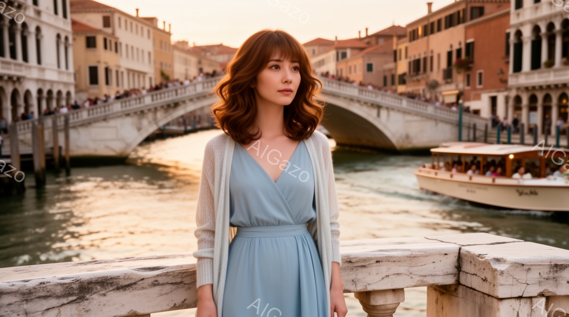 長い茶髪の女性が、淡い水色のワンピースに薄いグレーのカーディガンを羽織って立っている。彼女は少し物憂げな表情で遠くを見つめ、手すりに寄りかかっており、ヴェネツィアの運河を背景に、穏やかで少し寂しげな雰囲気を醸し出している。背景には古い建物が並び、水路にはボートが浮かび、夕暮れ時の柔らかい光が全体を包み込んでいる。