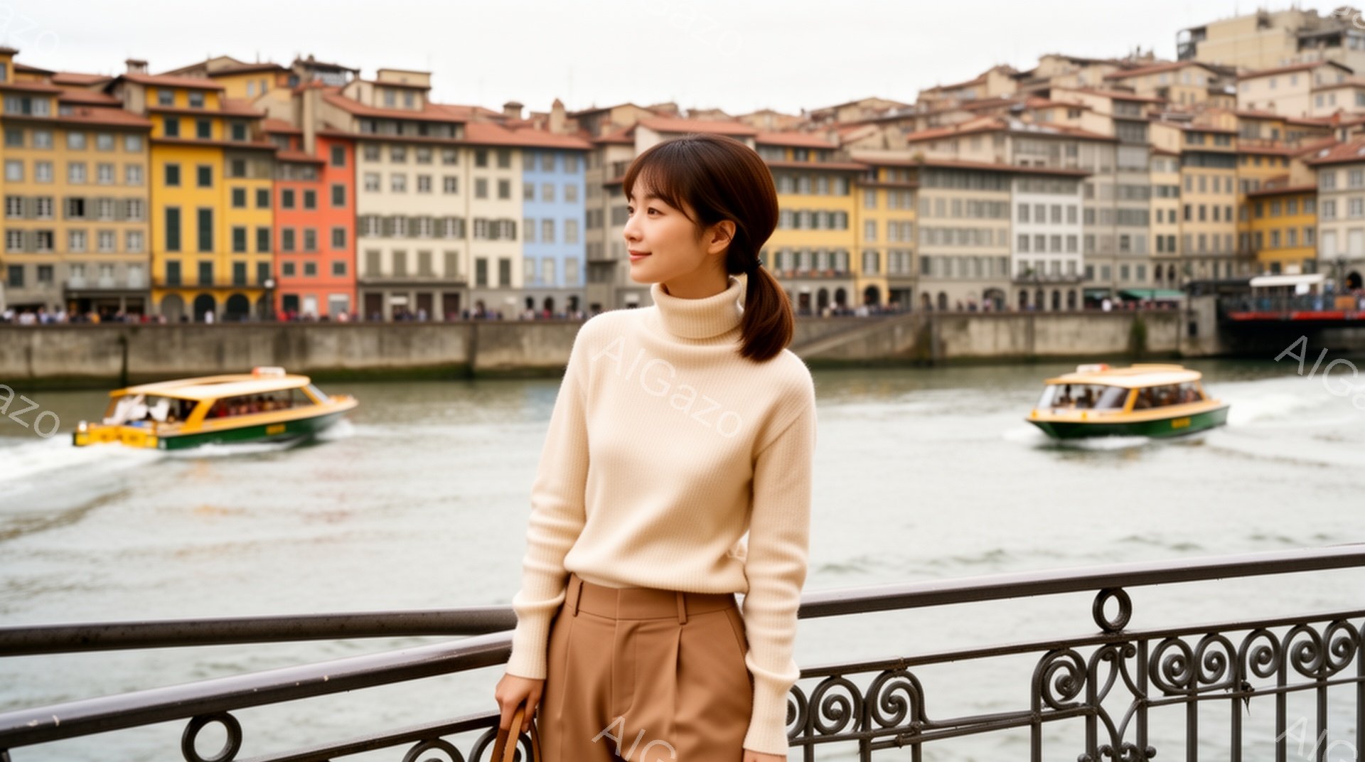 明るい茶色のセーターとベージュ色のズボンを身に着けた女性が、水路に面した欄干に寄りかかっています。彼女は髪を後ろでまとめ、穏やかな表情で遠くを見つめています。背景には、カラフルな建物が並び、水路にはボートが走っており、晴天の下、穏やかで美しい雰囲気が漂っています。