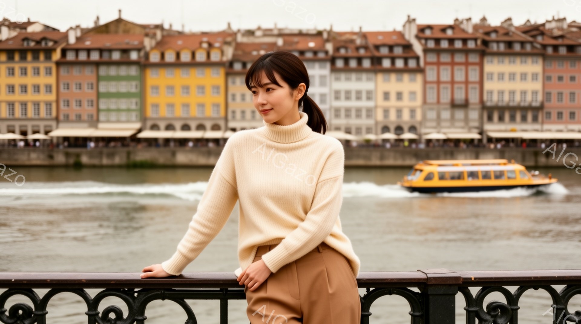 明るいクリーム色のセーターと茶色のパンツを身につけた女性が、欄干に片手を置き、穏やかな表情でこちらを見ている。背景には、カラフルな建物が並び、川には水しぶきを上げて進む黄色い観光船が見える。全体的に、 - AI生成フリー素材