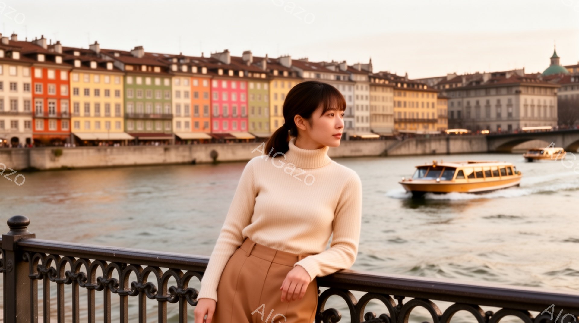 明るいベージュのセーターとパンツを身につけた女性が、川沿いの欄干にもたれて立っている。彼女はダークブラウンの髪を後ろで一つにまとめ、少し物憂げな表情で遠くを見つめている。背景には、カラフルな建物が並び、川にはボートが航行しており、穏やかで少しノスタルジックな雰囲気が漂っている。