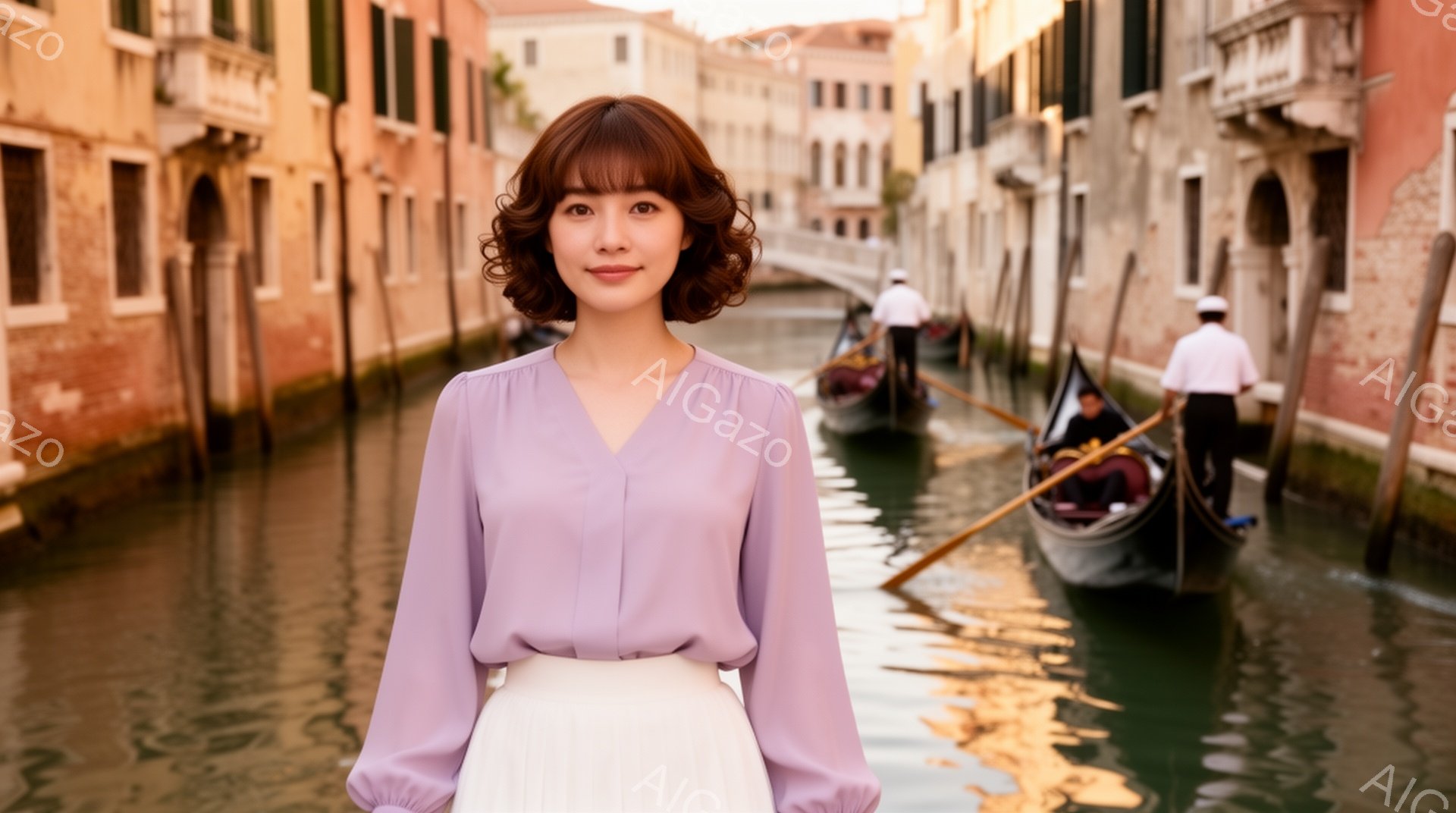 明るい紫色のブラウスと白いプリーツスカートを身に着けた女性が正面を向いています。彼女は軽く微笑んでおり、髪は肩までの長さでカールがかかっています。背景にはベネチアの運河とカラフルな建物が見え、水面にはボートが浮かび、穏やかでロマンチックな雰囲気を醸し出しています。
