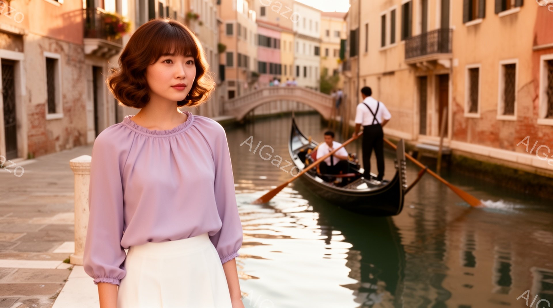 薄紫色のブラウスと白のスカートを身につけた女性が、ヴェネツィアの運河沿いの石畳の道に立っている。彼女は少し微笑んでおり、肩を少し落としたリラックスした姿勢でカメラを見ている。背景には、ヴェネツィアのカラフルな建物が並び、運河にはゴンドラが浮かび、穏やかで美しい雰囲気を醸し出している。