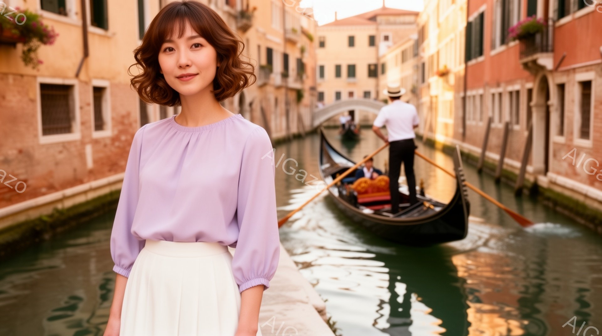 浅い紫色のブラウスと白いプリーツスカートを身につけた女性が、ヴェネツィアの運河の脇に立っている。彼女は微笑んでおり、髪は肩までの長さで軽くカールしている。背景には、ヴェネツィアの建物が並び、運河にはゴ - AI生成フリー素材
