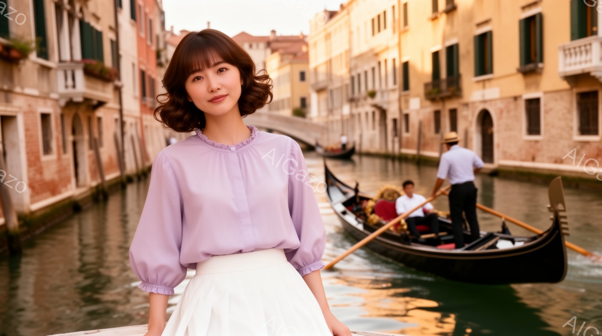 明るい紫色のブラウスに白いスカートを着用した女性が、水の都ヴェネツィアの運河沿いに立っている。彼女は軽く微笑み、前髪を流した柔らかいウェーブのヘアスタイルをしている。背景には、カラフルな建物が並び、ゴンドラが運河を進んでいる穏やかな光景が広がっている。