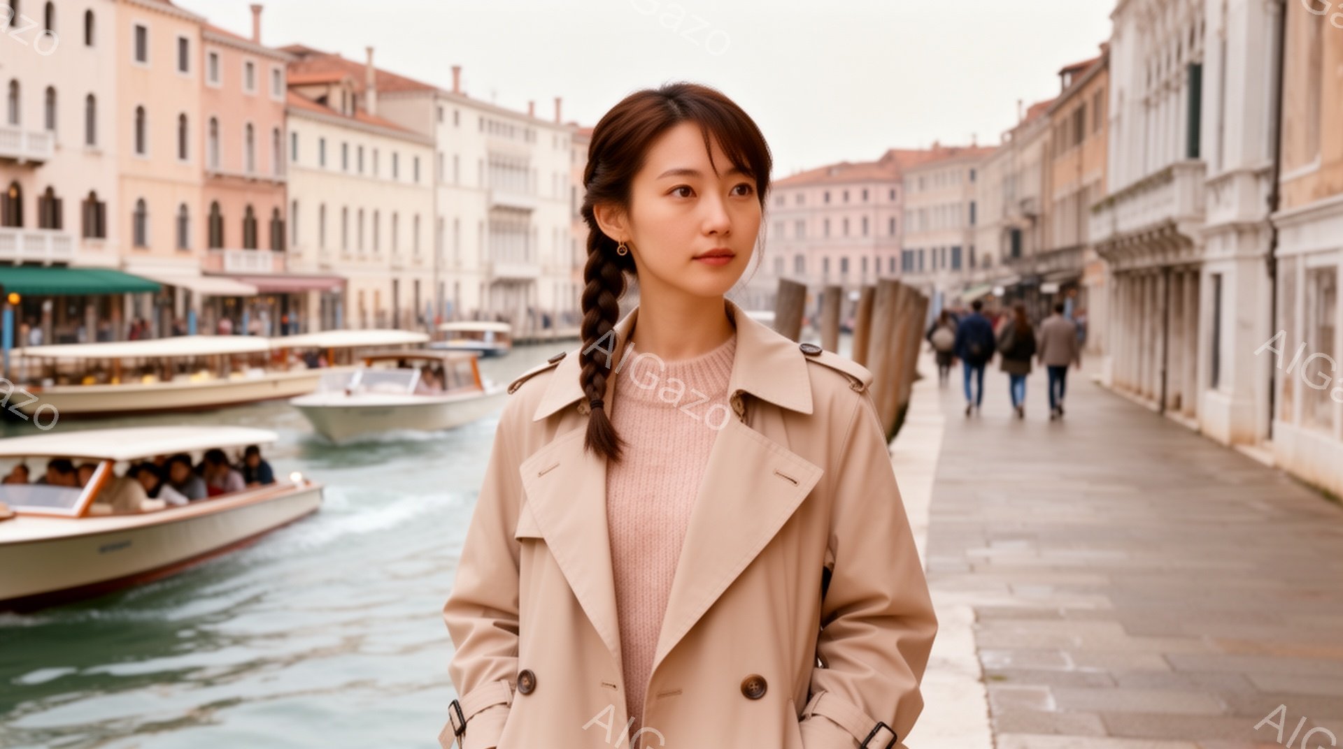 長い髪をサイドで編み込みにした女性が、ベージュ色のトレンチコートとピンク色のセーターを着て立っている。彼女は正面を少しずらして見つめ、落ち着いた表情をしている。背景にはヴェネツィアの運河と建物が並び、 - AI生成フリー素材