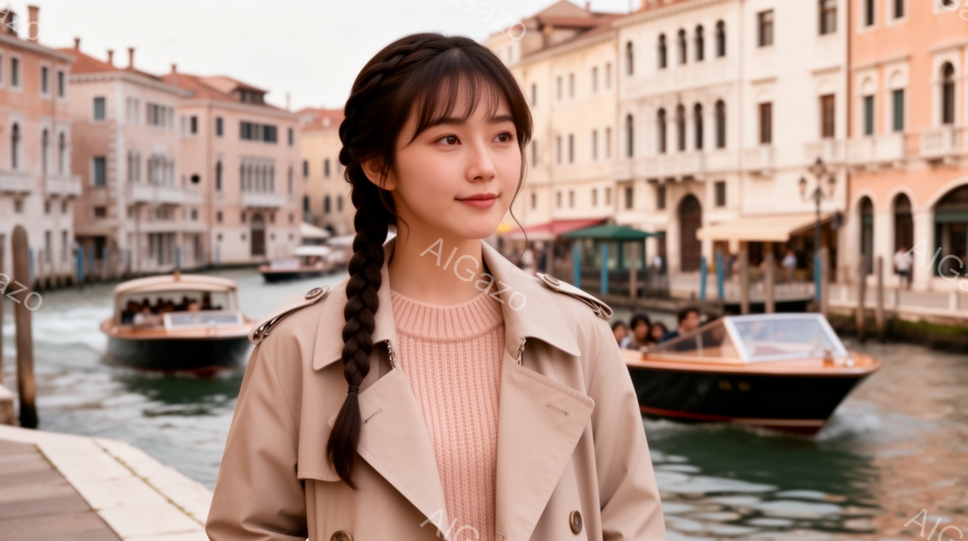 長い三つ編み髪の女性が、ベージュ色のトレンチコートと淡いピンク色のセーターを着て、少し微笑んでいます。彼女はわずかに横を向き、水路沿いの石畳の道に立っています。背景には、カラフルな建物が並ぶ水の都の風景が広がり、穏やかな天候と水面に映る光が、ロマンチックでノスタルジックな雰囲気を醸し出しています。