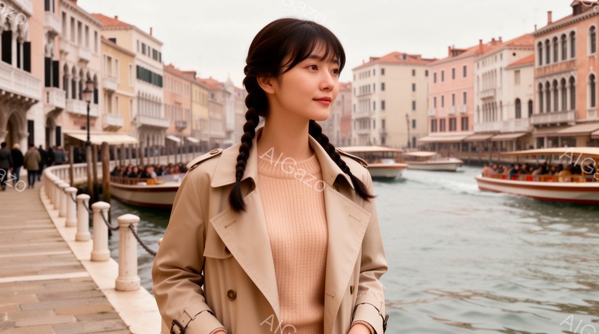 長い黒髪を二つに分けて編み込みにした女性が、ベージュ色のトレンチコートと淡いピンク色のセーターを着て立っている。彼女はわずかに微笑み、遠くを見つめている。背景にはヴェネツィアの運河とカラフルな建物、そして観光客を乗せたゴンドラやモーターボートが並び、穏やかで観光客らしい雰囲気が漂っている。