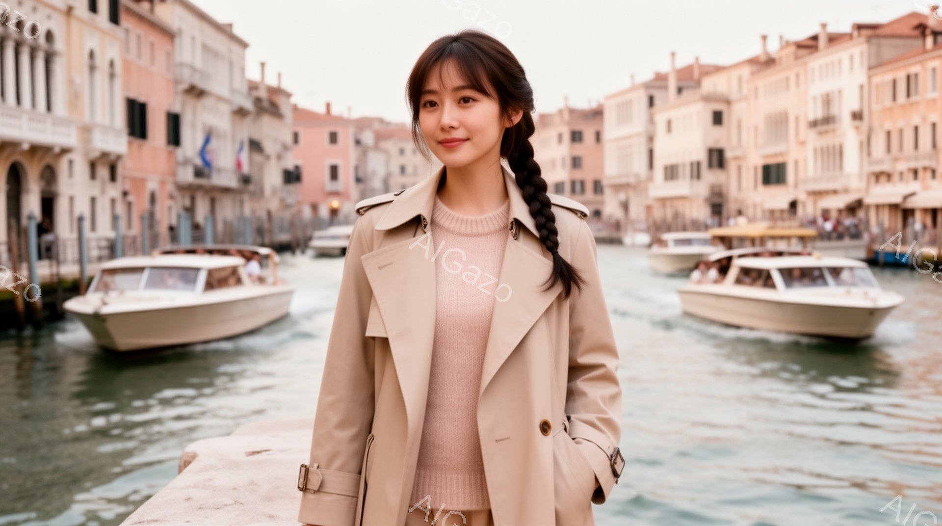 長い黒髪を編み込みにした女性が、ベージュ色のトレンチコートと薄いピンク色のニットを着て立っている。彼女は少し微笑んでおり、穏やかな表情をしている。背景には、運河とカラフルな建物が並び、水上バスが往来しており、晴れた日の穏やかな雰囲気が漂っている。