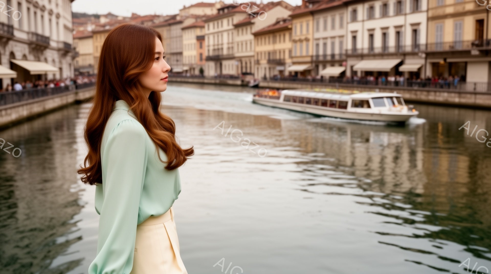 長い赤褐色の髪をなびかせ、ターコイズブルーのブラウスとクリーム色のスカートを身につけた女性が、水路に沿って立っている。彼女は横顔で、やや憂いを帯びた表情を浮かべ、水面をゆっくりと進む遊覧船を見つめている。背景には、カラフルな建物が並び、穏やかな水面と相まって、ノスタルジックで落ち着いた雰囲気を醸し出している。