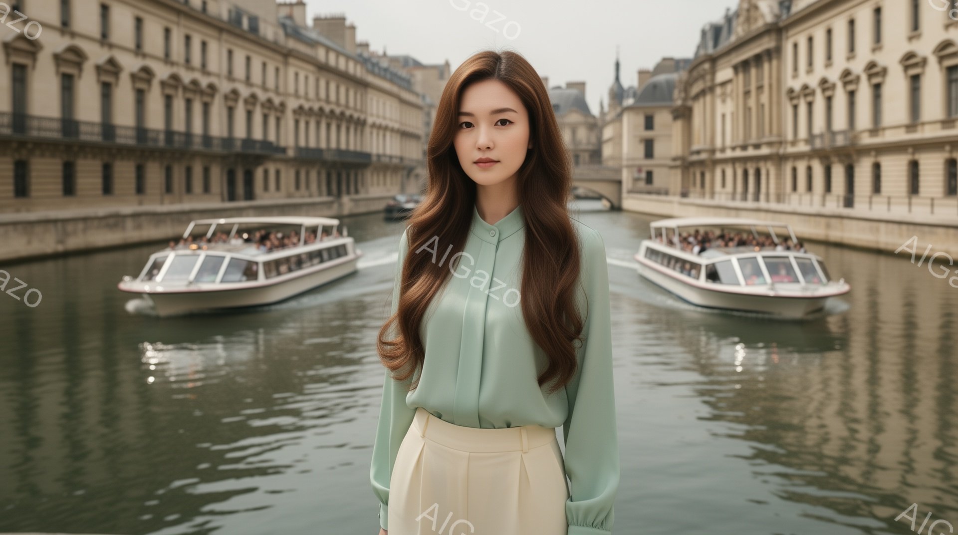 長い茶色の髪をセンターパートにした女性が、薄緑色のブラウスとベージュのパンツを着用し、穏やかな表情で正面を見つめている。背景には、運河と両岸に並ぶ石造りの建物が見え、水面には光の反射が確認できる。全体的に、穏やかで洗練された雰囲気のパリの風景が印象的である。