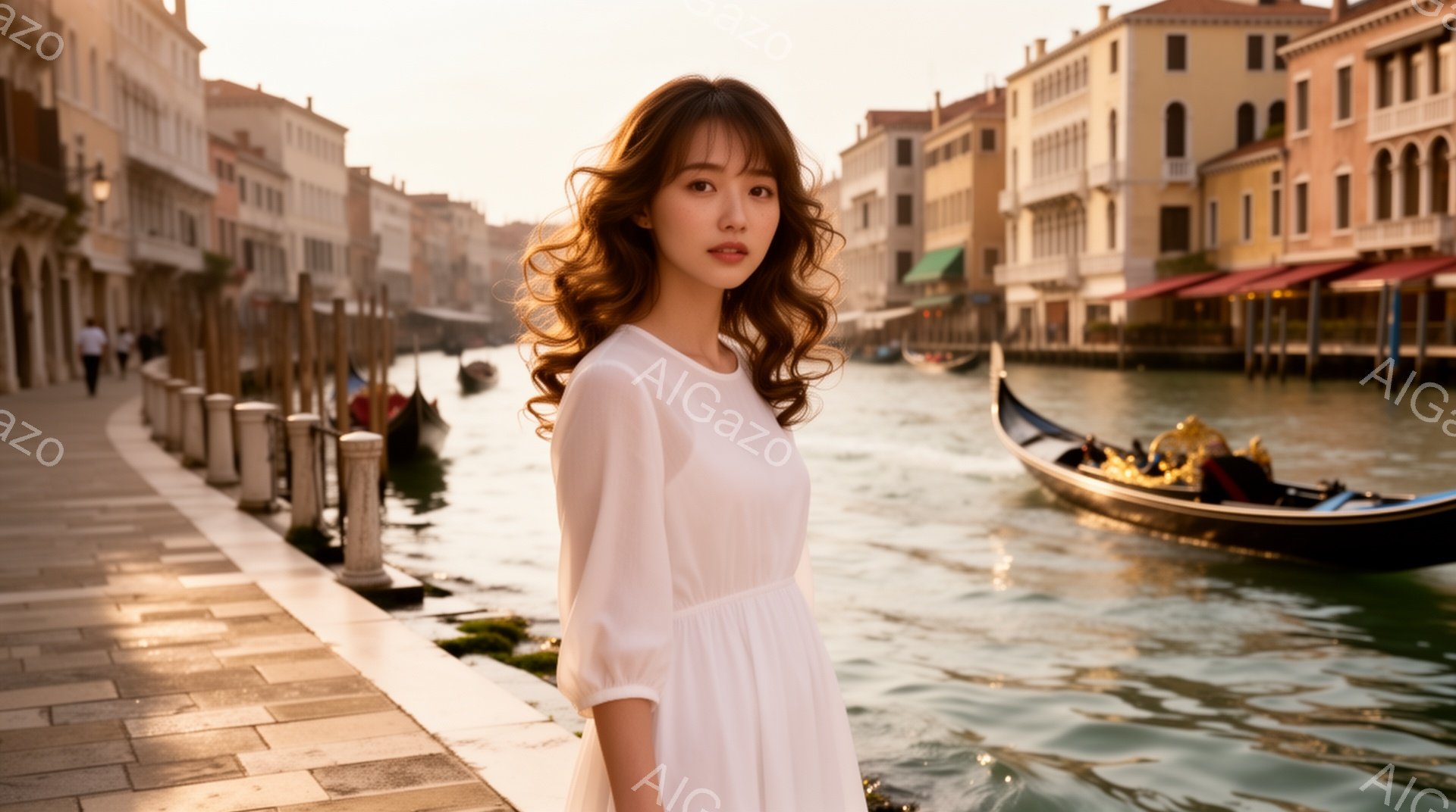 白いワンピースを着た女性が、ヴェネツィアの運河沿いの石畳の道に立っている。彼女は肩までの長さのゆるいウェーブヘアで、穏やかな表情を浮かべている。背景には、カラフルな建物が立ち並び、ゴンドラが運河を静かに進んでいる、夕暮れ時の穏やかな雰囲気が漂う。