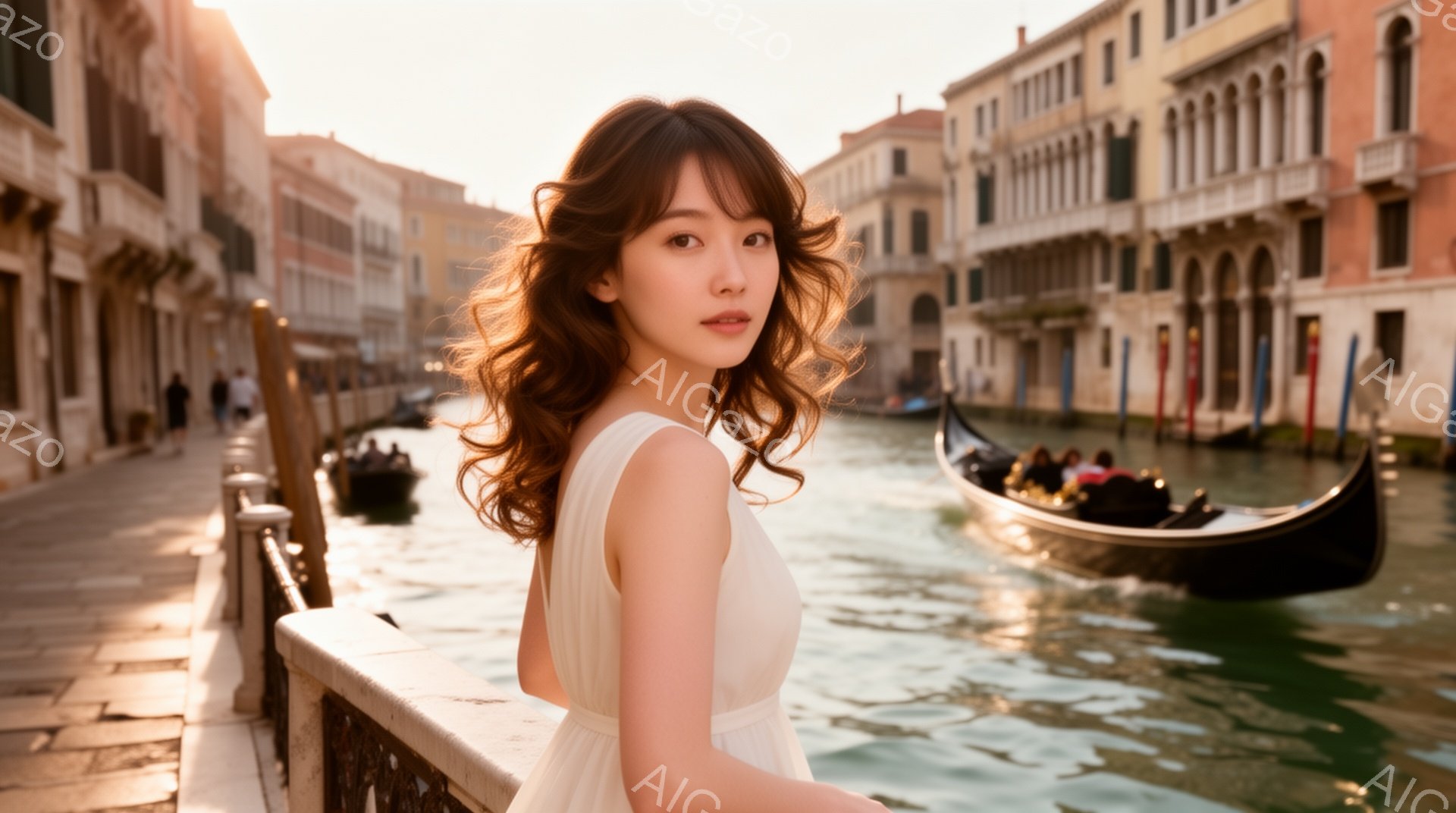 長い巻き毛の女性が、ヴェネツィアの運河沿いの石垣に寄りかかり、白いドレスを着ています。彼女は少し微笑んでおり、穏やかな表情を浮かべています。背景には、古い建物が立ち並び、ゴンドラが水面を滑るように進んでおり、夕暮れ時の暖かく柔らかな光が全体を包んでいます。
