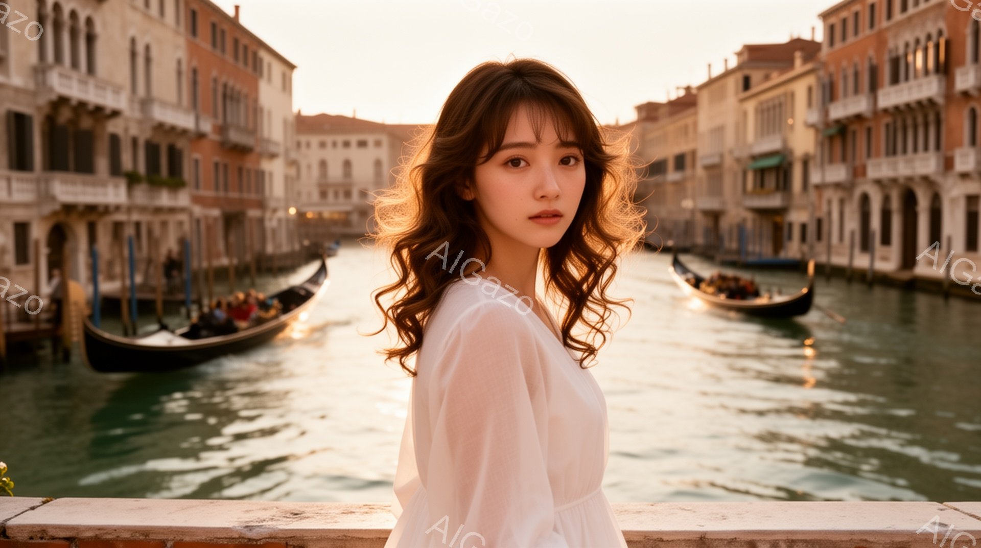 長い巻き毛の髪と、白いブラウスを着た若い女性が写っている。彼女はわずかに微笑んでおり、穏やかな表情でカメラを見つめている。背景には、ゴンドラが浮かぶ水の都ベネチアの運河と、歴史的な建物が並び、夕暮れ時の暖かい光が全体を包み込んでいる。