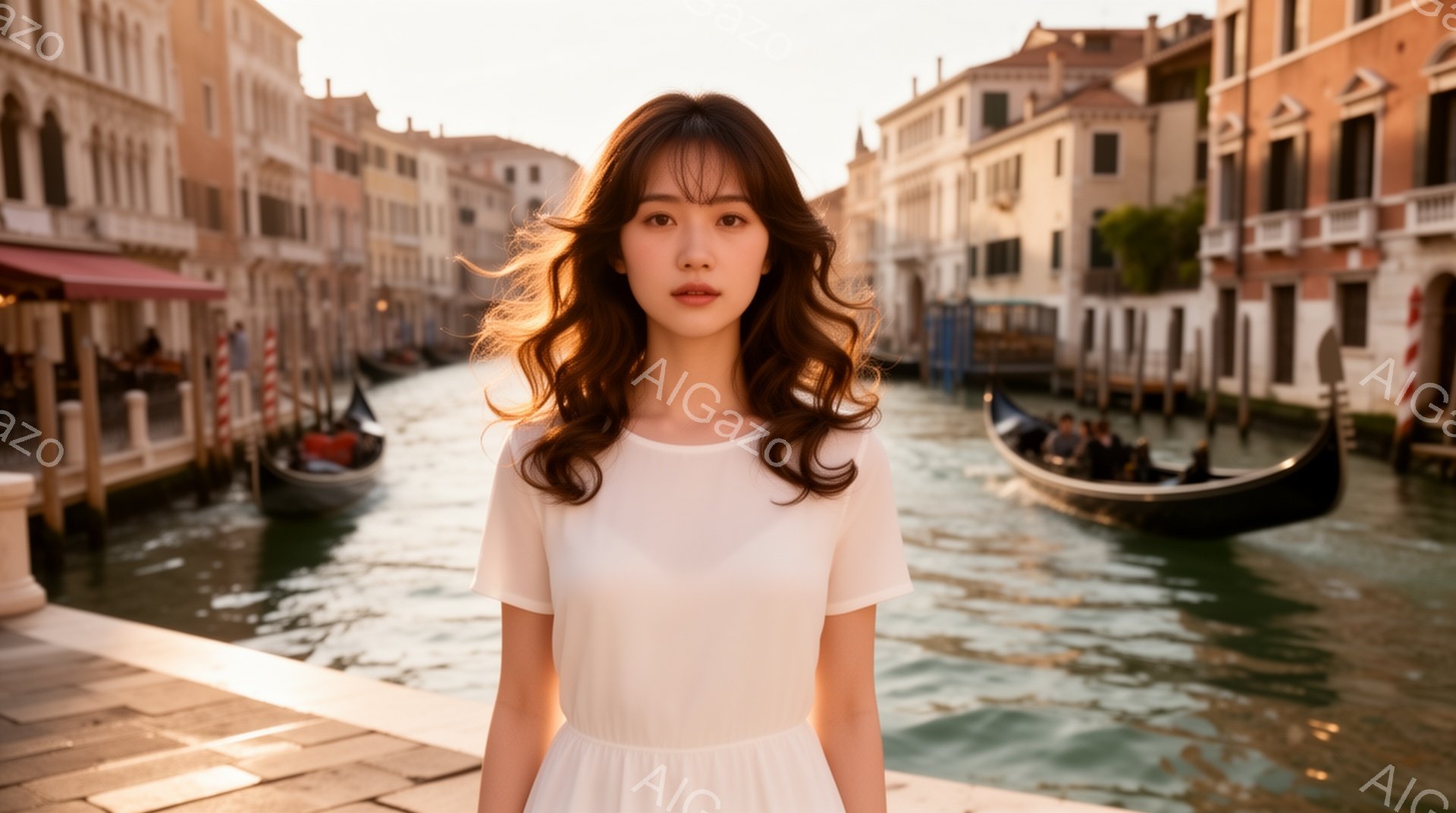 長い黒髪で、前髪を少しだけ分けている女性が白いワンピースを着て立っている。彼女は穏やかな表情で、まっすぐ前を見つめている。背景にはヴェネツィアの運河と古い建物が並び、水面にはゴンドラが浮かび、夕暮れ時の穏やかな雰囲気が漂っている。
