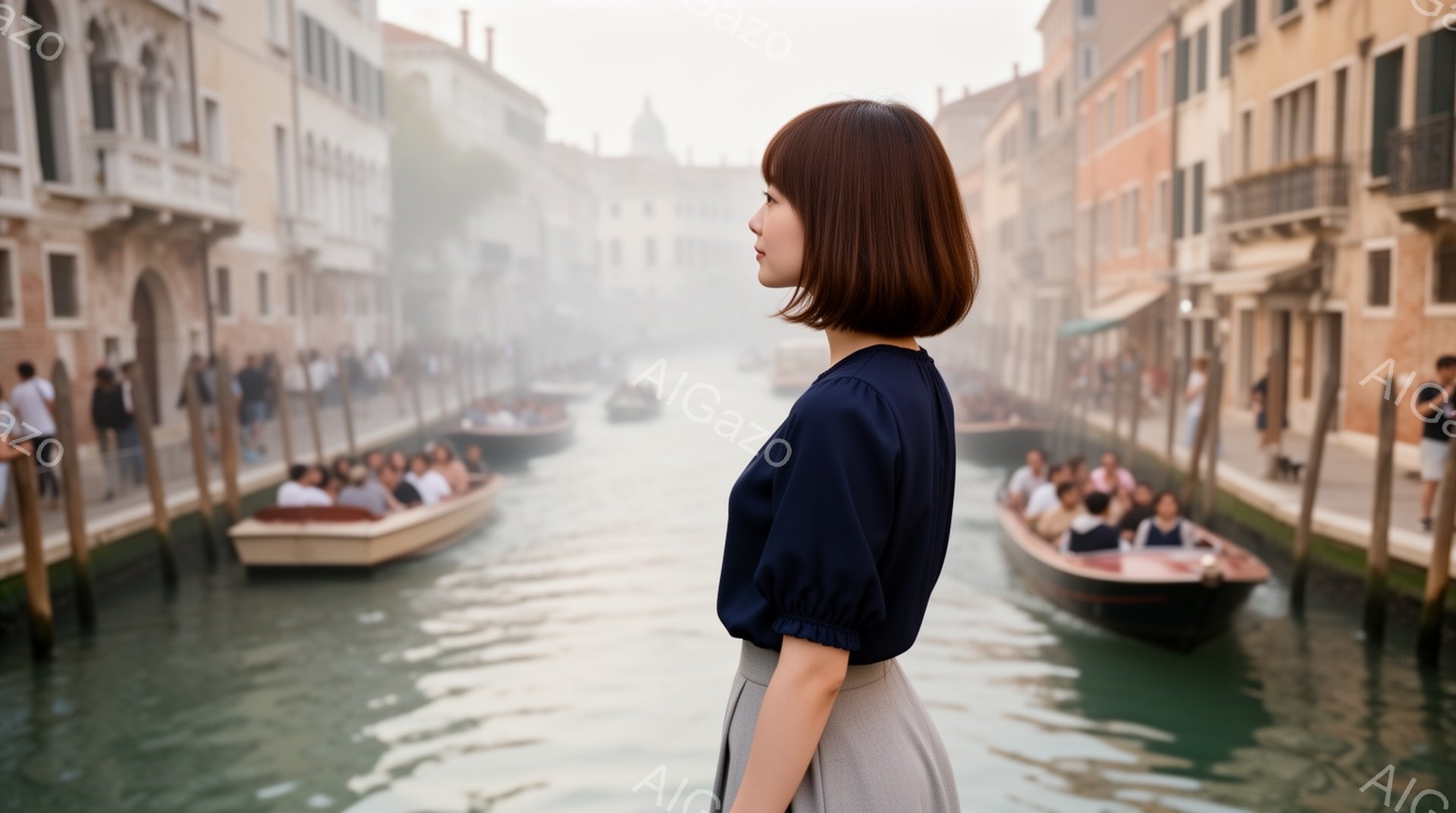 茶髪のボブヘアの女性が、運河沿いを歩いている様子が写っている。濃い青色のブラウスとグレーのスカートを身に着けており、横を向いており表情ははっきりとは見えないが、どこか物思いにふけるような雰囲気がある。 - AI生成フリー素材