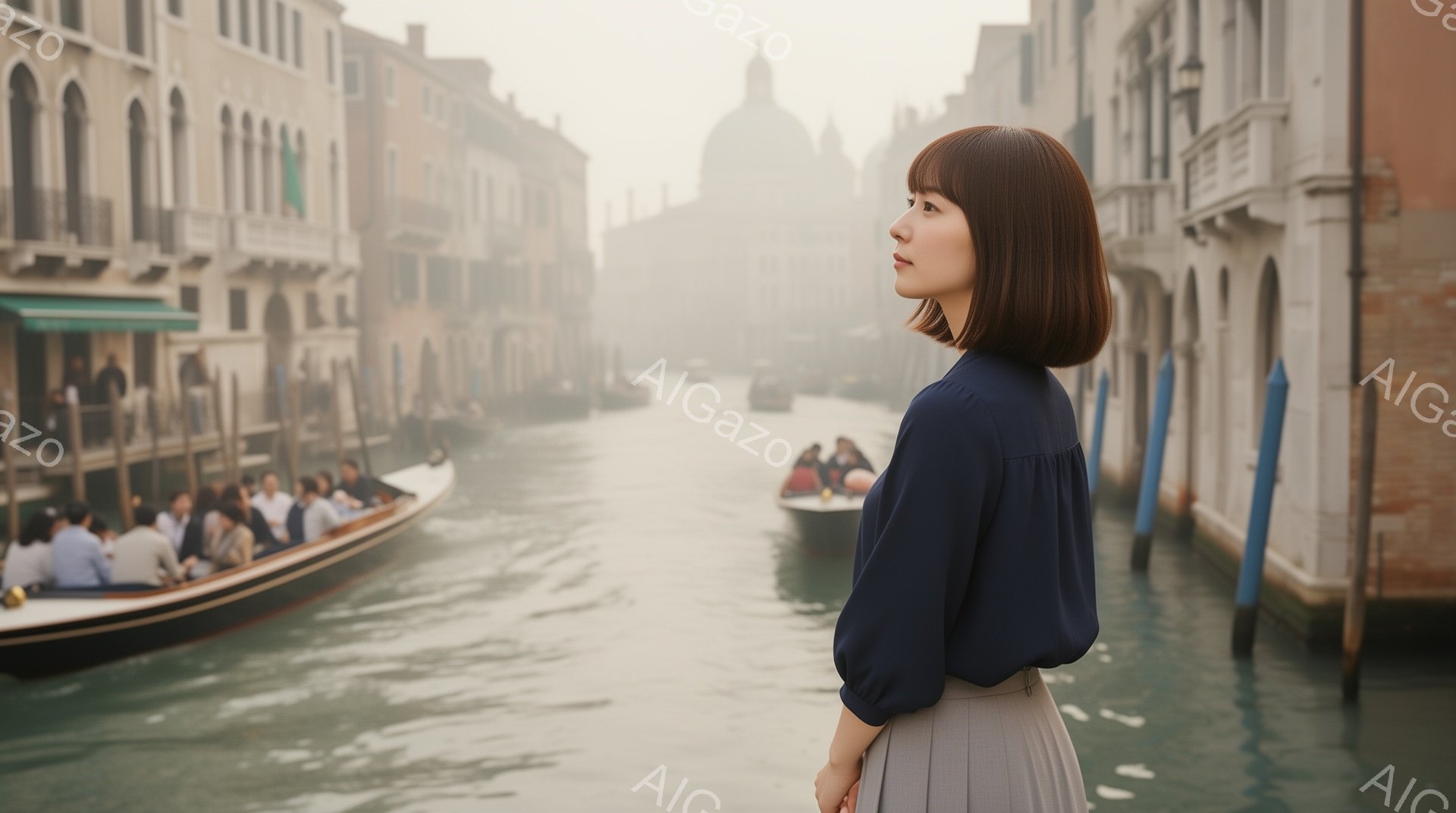 短いボブヘアの女性が、ヴェネツィアの運河沿いに立っている。紺色のブラウスと灰色のスカートを身につけ、横顔で遠くを見つめている。背景には霧が立ち込め、ゴンドラや建物がぼんやりと見える静かで幻想的な雰囲気である。