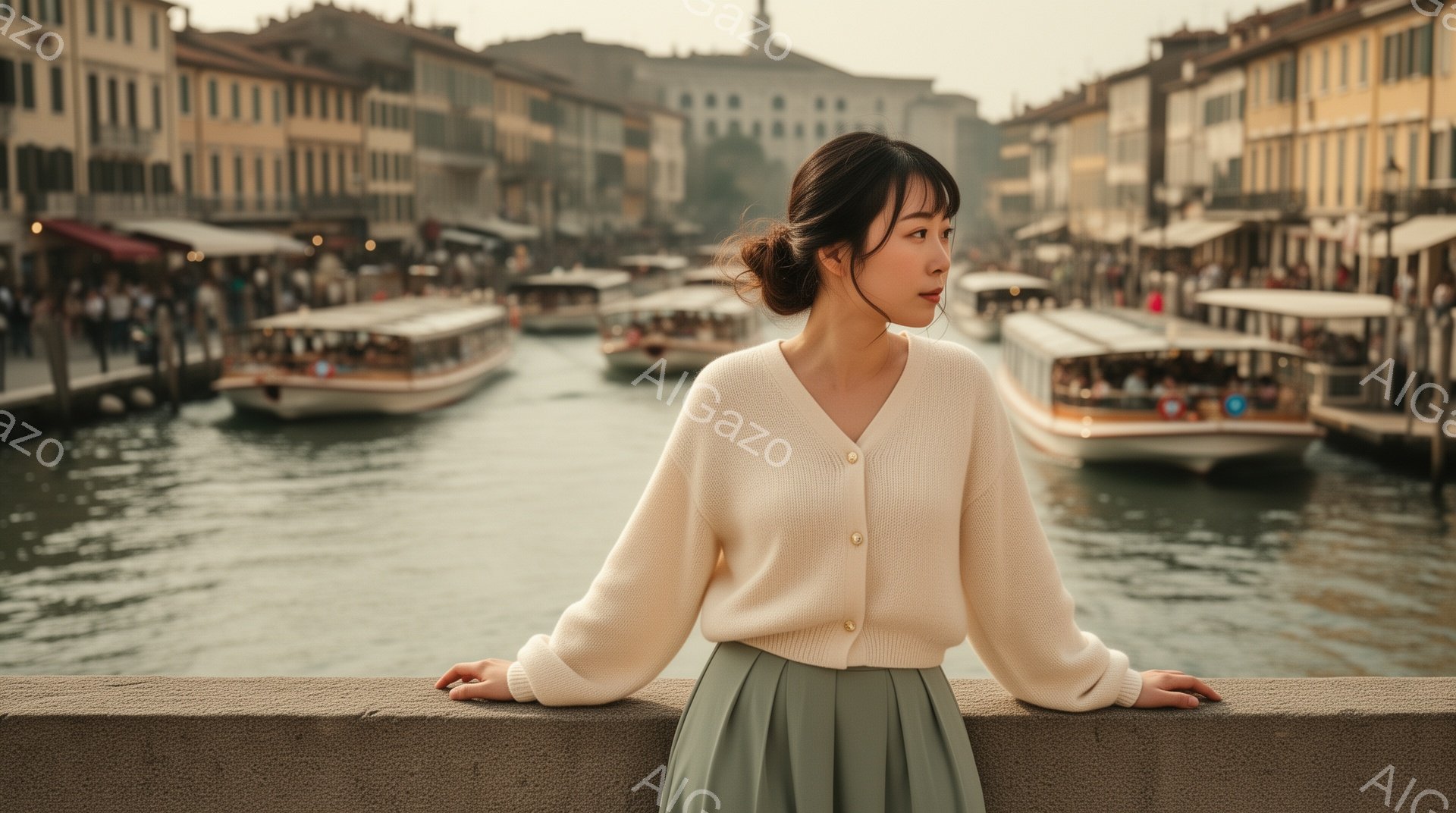 長い黒髪を耳にかける若い女性が、ベージュ色のカーディガンとオリーブグリーンのスカート姿で欄干にもたれかかっており、どこか物憂げな表情で水路を眺めている。背景には、ヴェネツィアのような古い建物が並び、多くの観光船が行き交い、薄曇りの空が穏やかな雰囲気を醸し出している。全体的に、ノスタルジックで落ち着いた、旅の情景を切り取ったような写真である。
