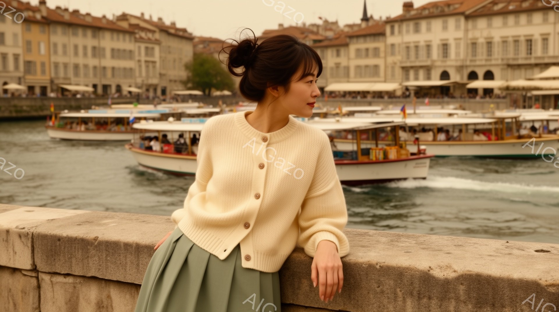 若い女性がクリーム色のカーディガンと水色のスカートを着て、石の欄干に寄りかかっている。彼女は髪を後ろでまとめ、少し横を向いて遠くを見つめている表情は穏やかで、背景には美しい建物と水面を走る船が見える。 全体的に、暖かく穏やかな雰囲気で、観光地でのリラックスした一コマを切り取った写真である。