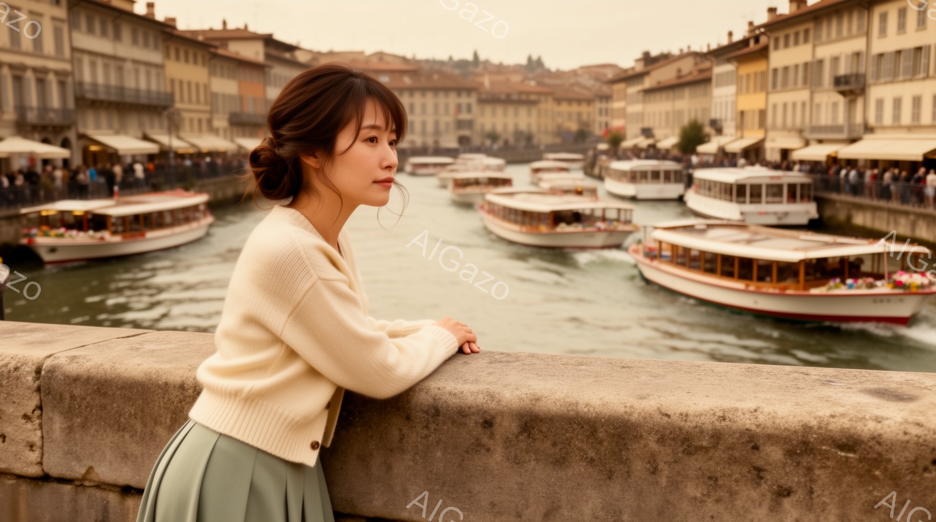 長い髪を後ろでまとめた女性が、石造りの柵に肘をついて立っている。オフホワイトのカーディガンと、淡い緑色のスカートを身に着けており、物憂げな表情で水路を眺めている。背景にはカラフルなボートが並び、古い建物が連なる水路の風景が広がっており、穏やかでノスタルジックな雰囲気が漂っている。