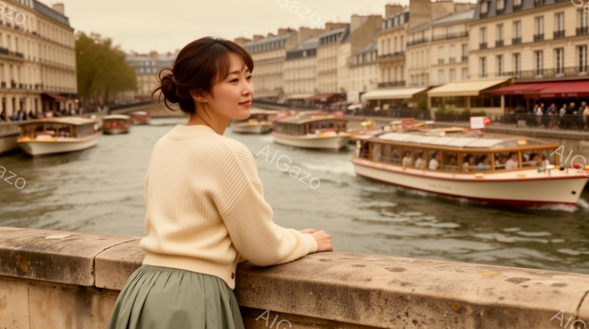 柔らかいクリーム色のセーターと、落ち着いた緑色のスカートを身につけた女性が、石造りの欄干に寄りかかっています。彼女は後ろを振り返り、微笑んでいるように見え、髪は後ろでまとめています。背景には、パリのセーヌ川と、観光客を乗せた船が多数見え、穏やかな晴天で、観光客が多い様子が伺えます。
