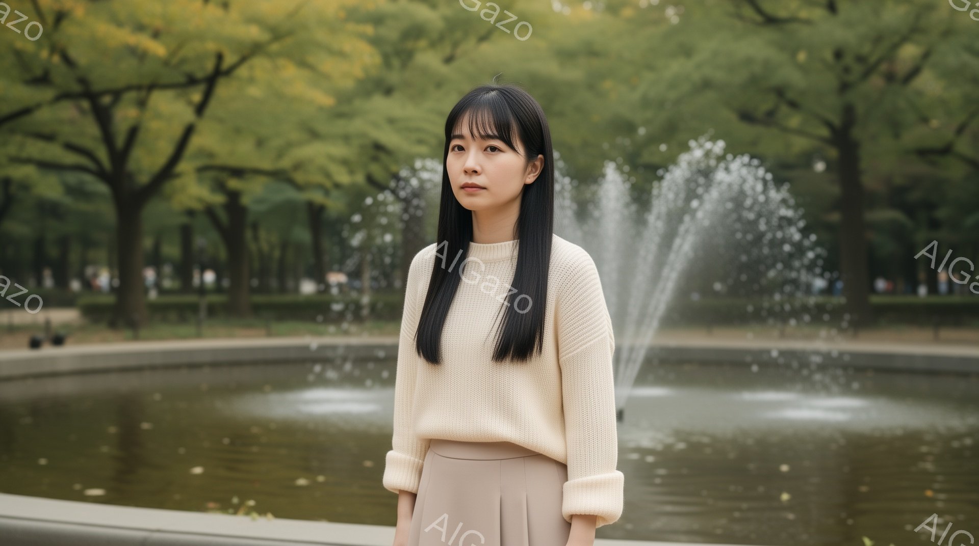 長い黒髪で、前髪は眉毛にかかる程度に揃えられた女性が写っている。ベージュのセーターとパンツを身に着け、やや無表情で正面を見つめている。背景には噴水があり、緑豊かな木々が広がり、秋の穏やかな日差しが感じられる。