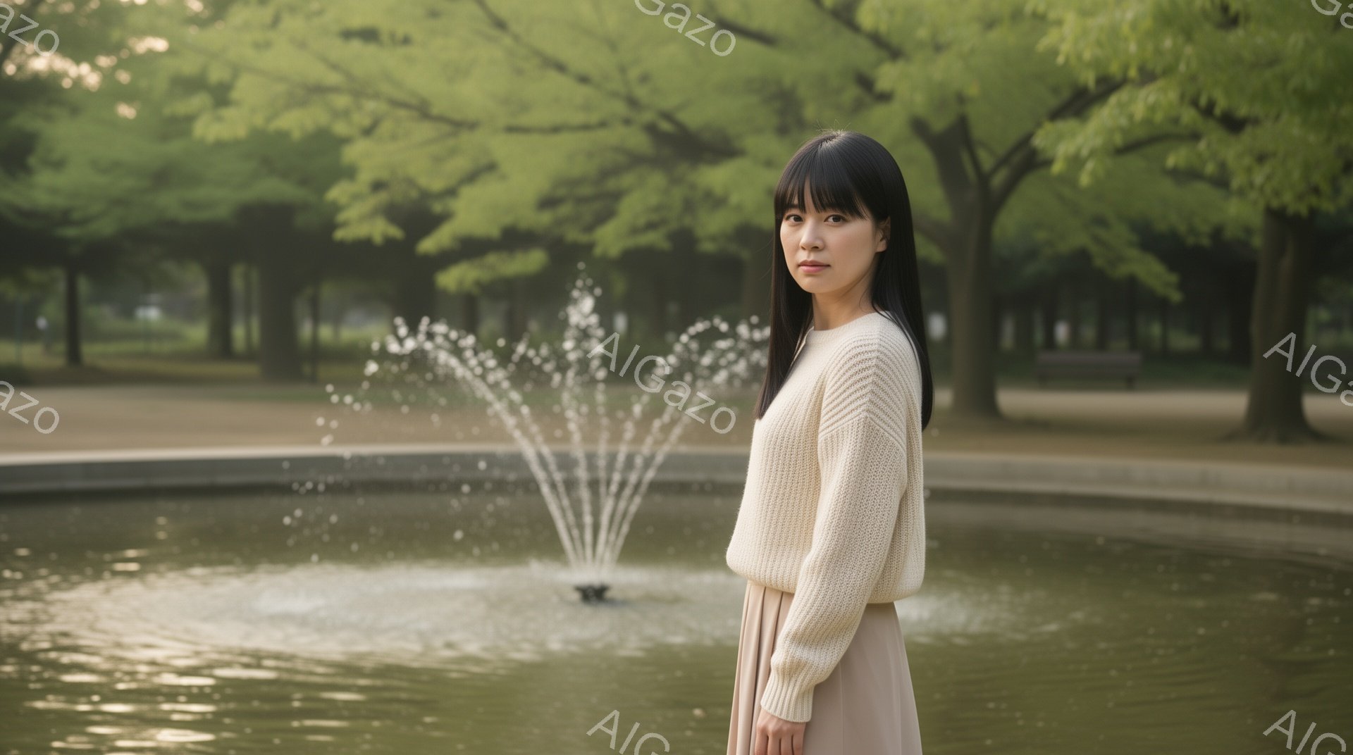 長い黒髪で前髪が眉毛にかかる女性が、クリーム色のセーターと薄いピンクのスカートを身に着けて立っています。彼女は穏やかな表情で、わずかに横を向いています。背景には噴水があり、緑豊かな木々が広がり、晴れた - AI生成フリー素材