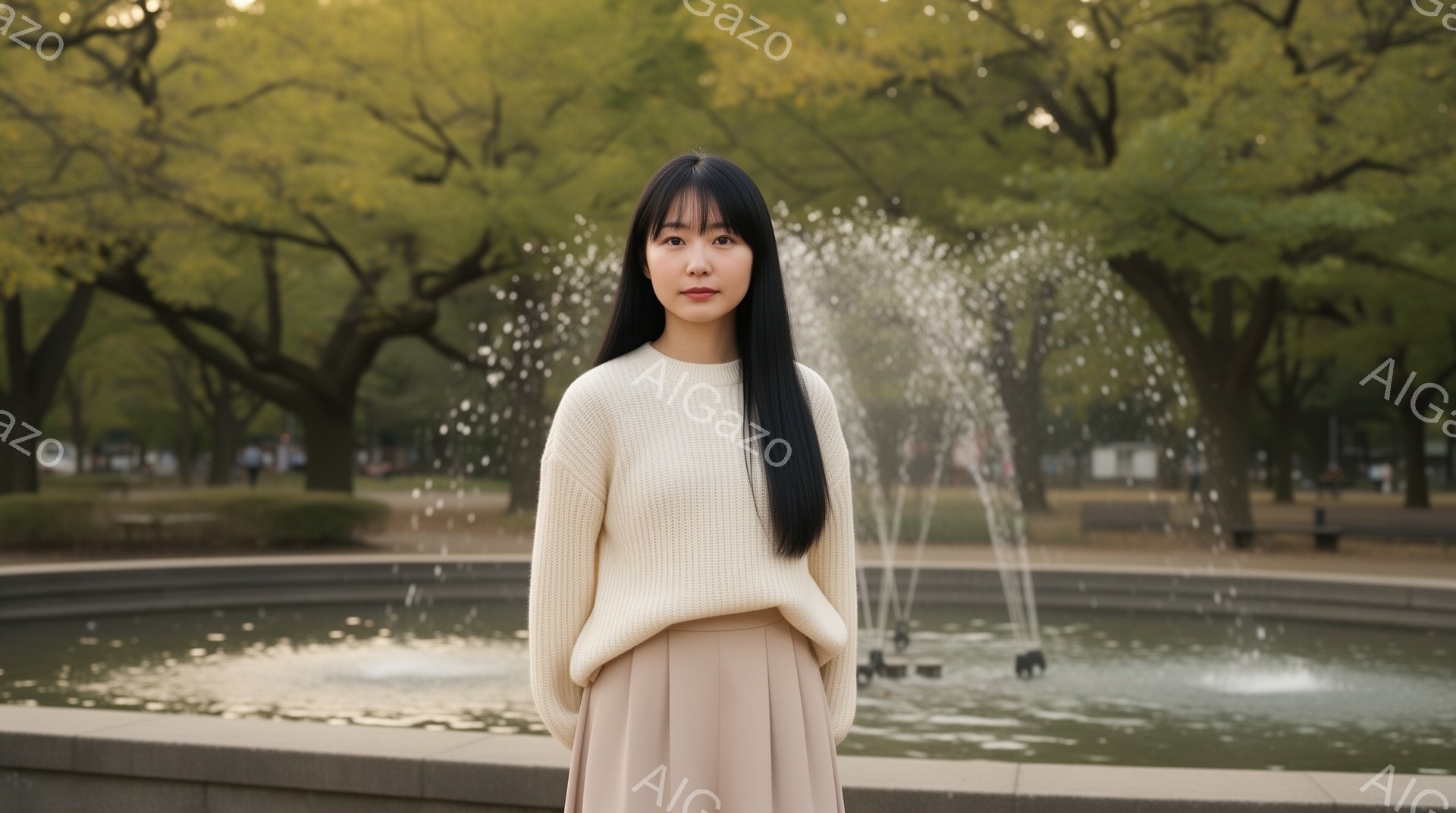 長い黒髪をセンターパートにした女性が、オフホワイトのざっくりとしたニットセーターとベージュのロングスカートを身に着けて立っている。彼女は落ち着いた表情で、背景には水が噴き出す噴水と緑豊かな木々が広がる公園が見える。全体的に穏やかで、春らしい雰囲気の画像である。