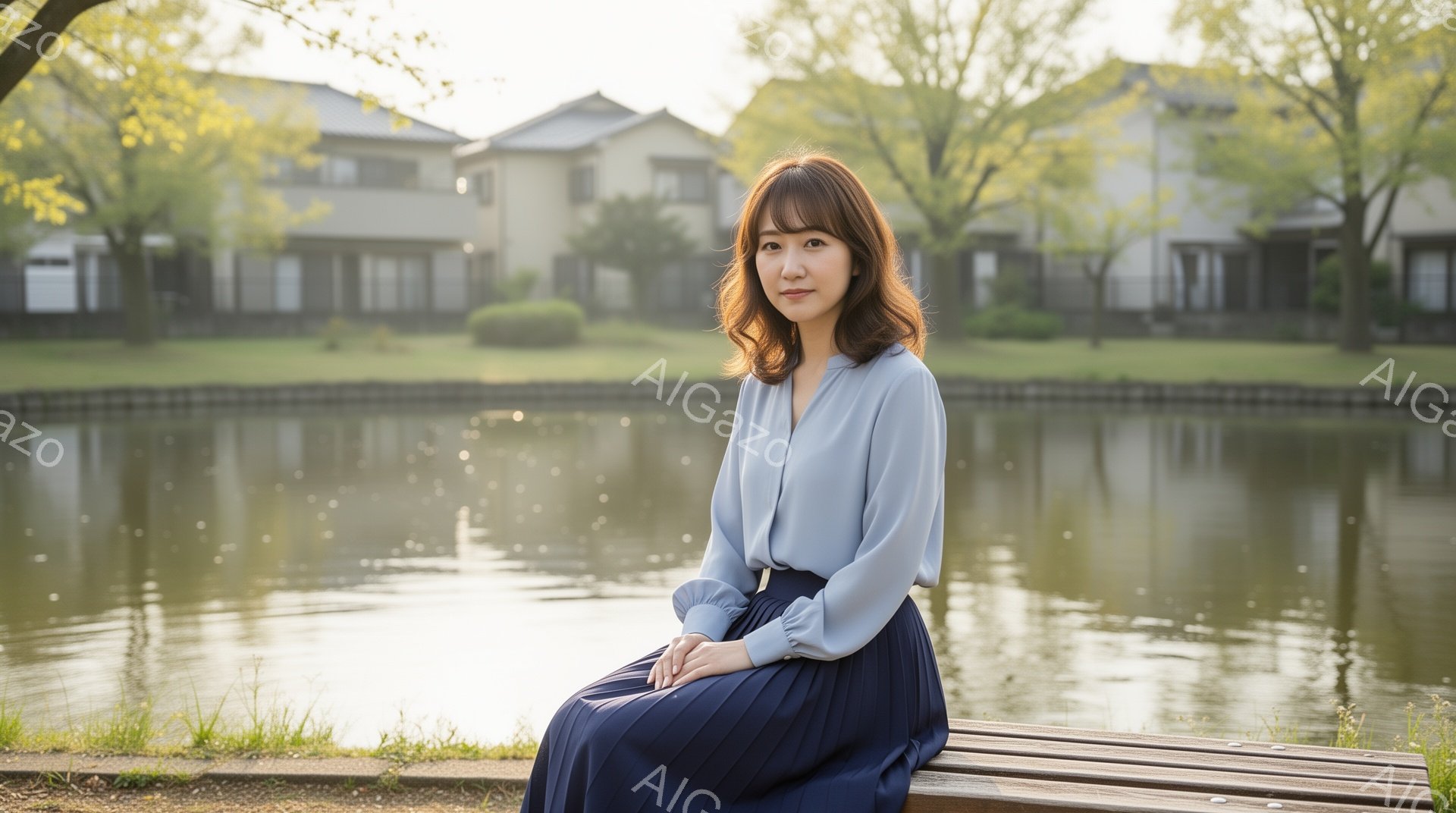 明るい光の中で、女性が公園のベンチに座って正面を見ています。淡い水色のブラウスと紺色のプリーツスカートを身につけ、髪は肩にかかるくらいの長さで、少しウェーブがかかっています。背景には池と、日本の伝統的な様式の建物が見え、春の穏やかな日差しが降り注いでいます。