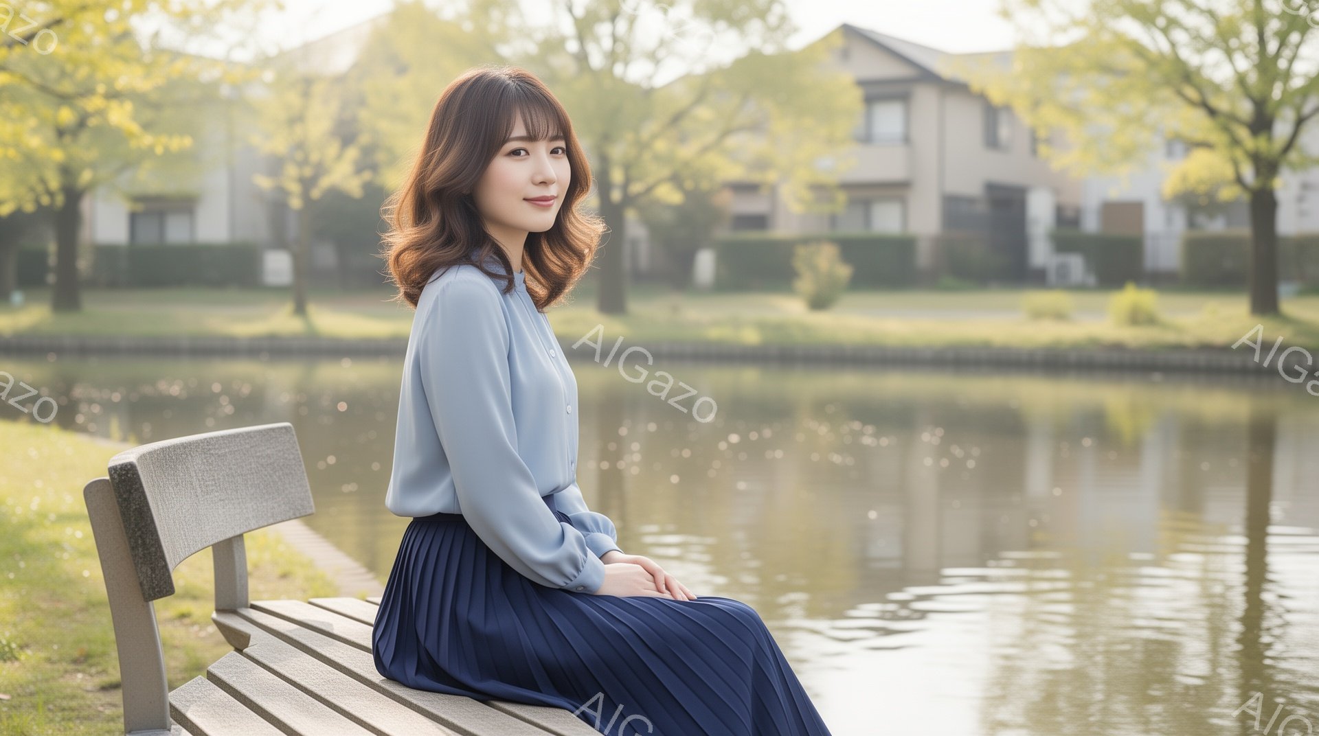 浅いブルーのブラウスに濃い紺色のプリーツスカートを着用した女性が、公園のベンチに座っています。彼女は微笑んでおり、髪は肩までの長さで、ふんわりとカールしています。背景には穏やかな水面と緑豊かな木々が見 - AI生成フリー素材