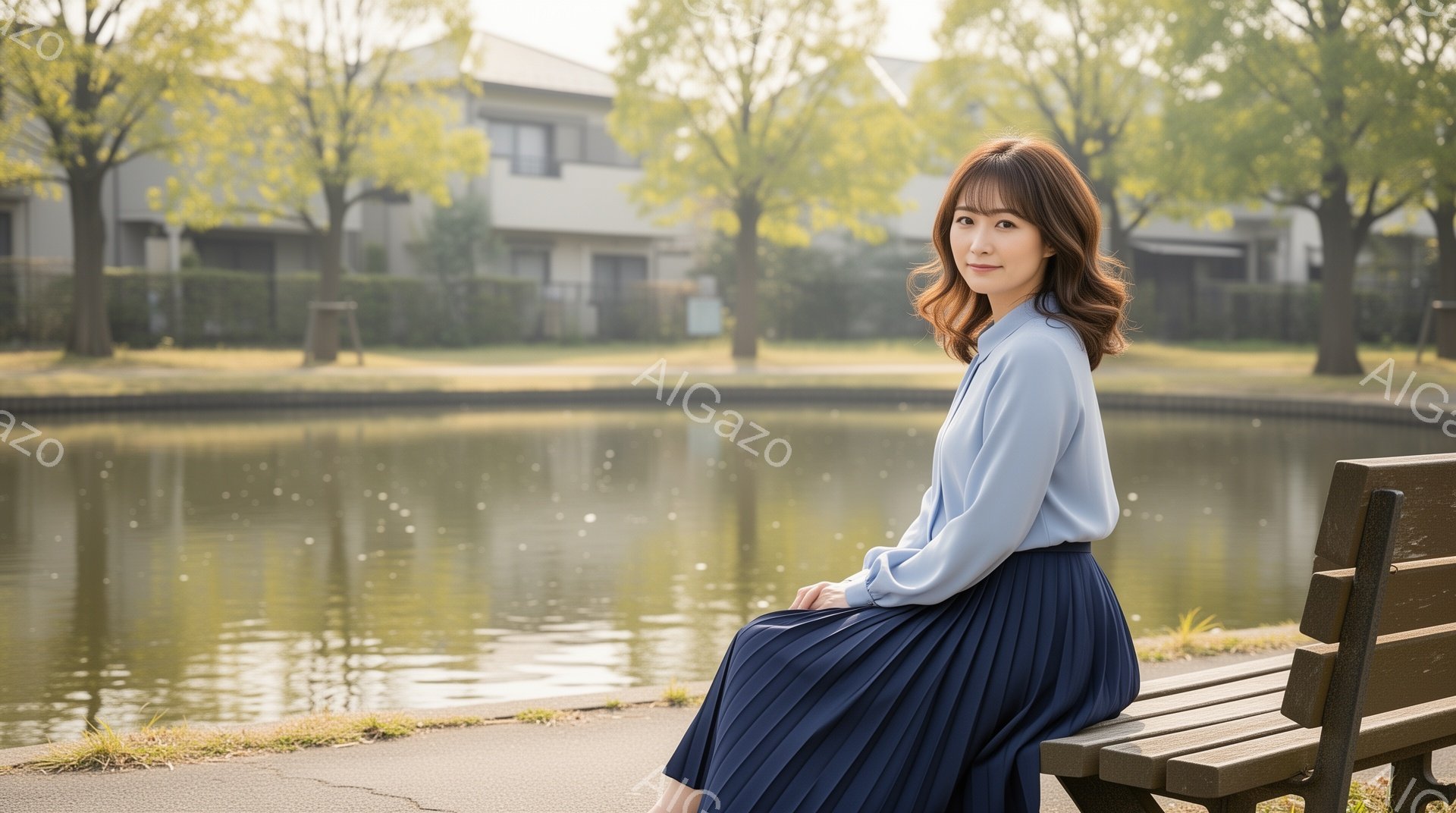 明るい青色のブラウスに紺色のプリーツスカートを着用した女性が、公園のベンチに座っています。彼女は少し微笑んでおり、髪は肩のあたりで軽くカールしています。背景には穏やかな水面と緑豊かな木々が見え、春の暖 - AI生成フリー素材