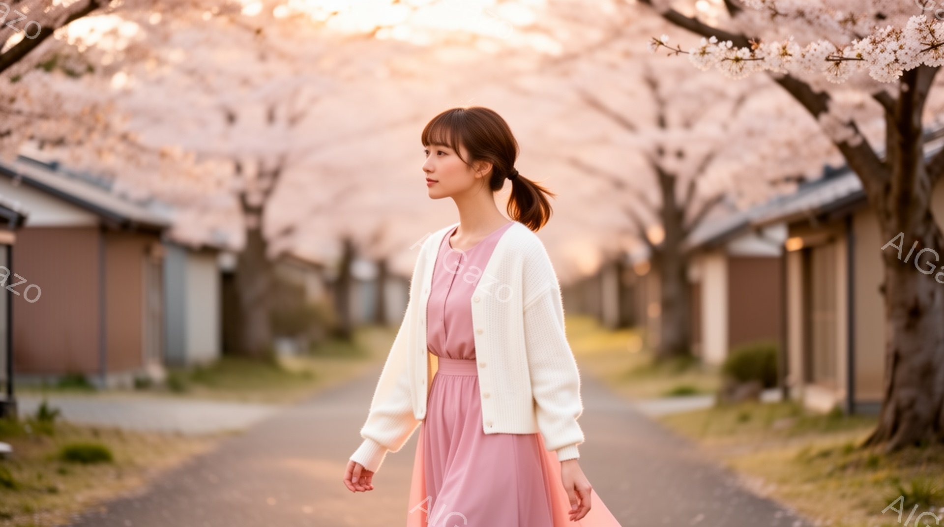 桜並木の中を、ピンク色のワンピースに白いカーディガンを羽織った女性が歩いている。彼女は髪を後ろで一つにまとめ、横を向いて少し微笑んでいるように見える。背景には一軒家が並び、全体的に柔らかく春らしい雰囲気が漂っている。